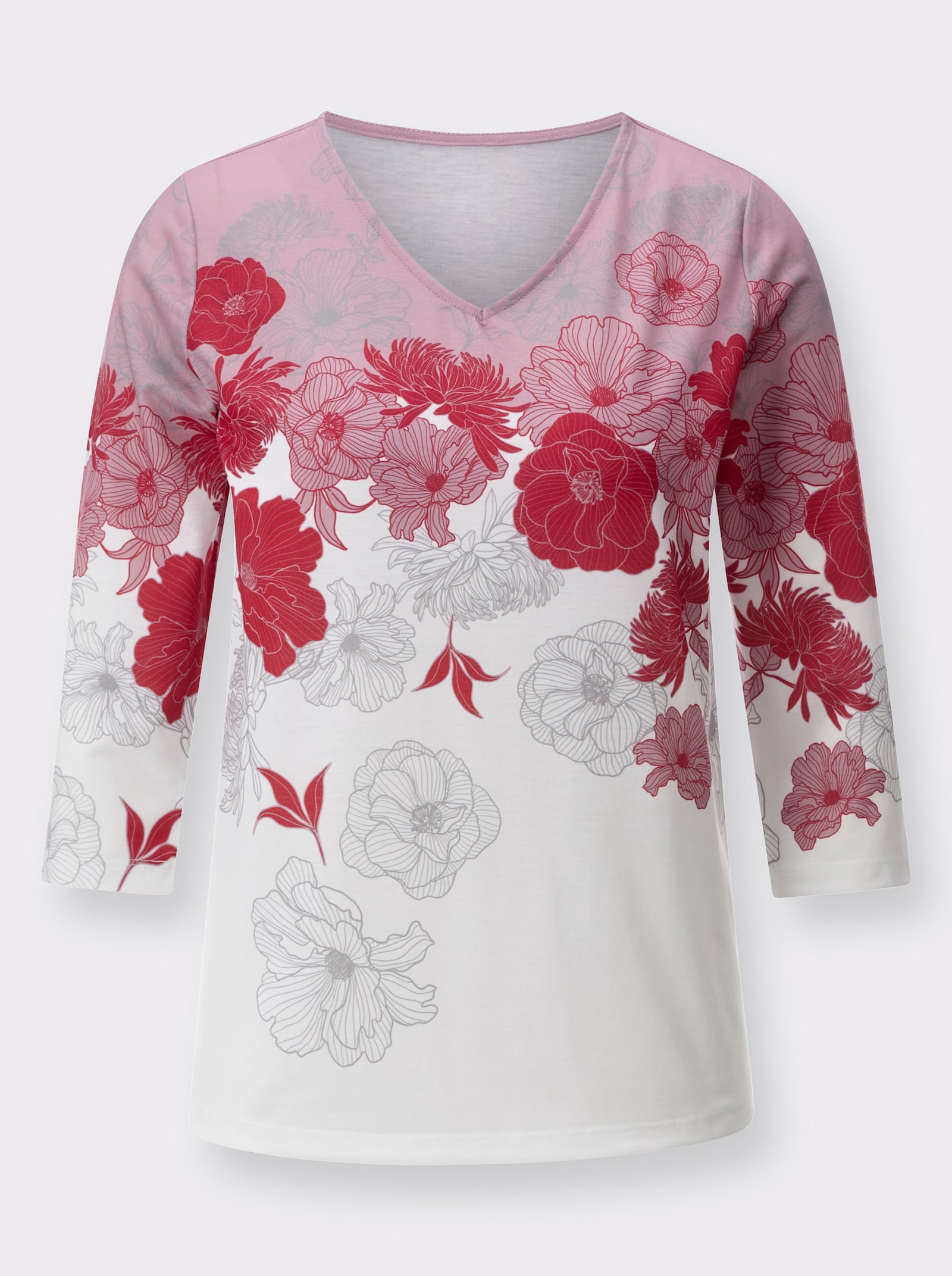 Shirt met 3/4-mouwen en filigrane bloemen - ecru/mauve bedrukt