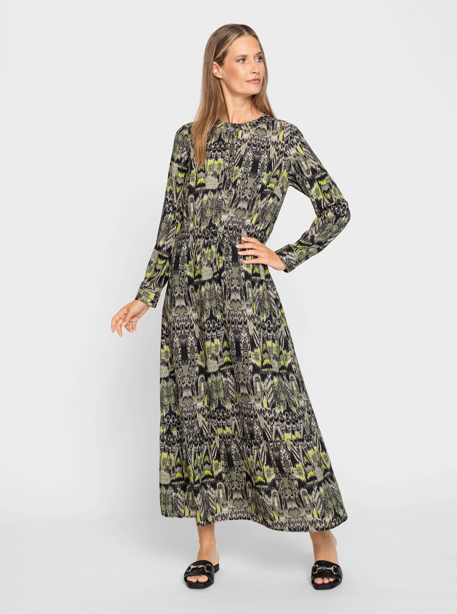 heine Druckkleid mit Tunnelzug auf Taillenhöhe - khaki-schwarz-bedruckt