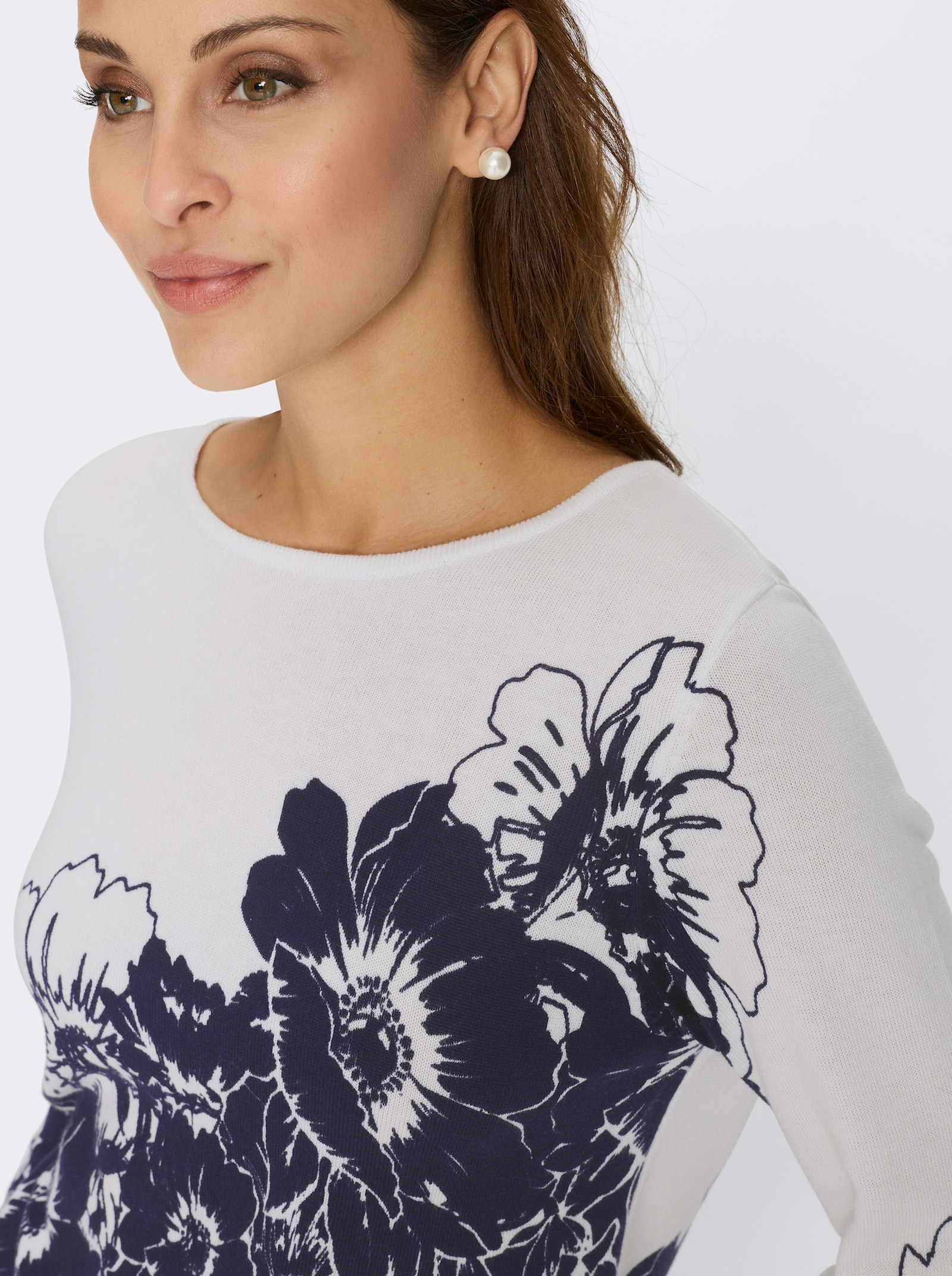 3/4 Arm-Pullover mit floralem Allover-Print - weiß-marine-bedruckt