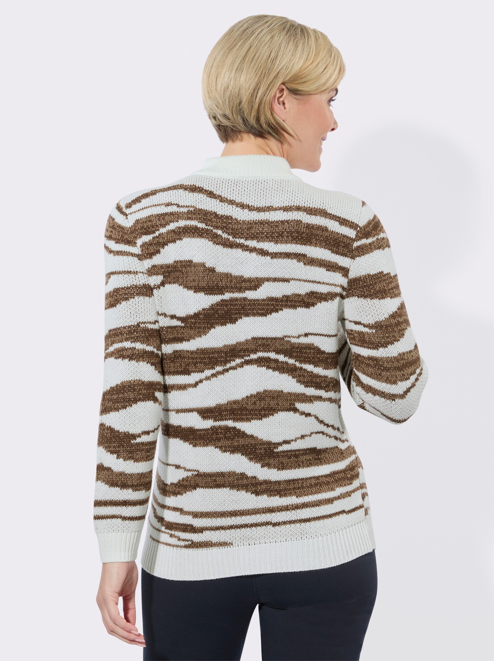 Jacquard-Pullover mit Stehkragen - ecru-braun-gemustert