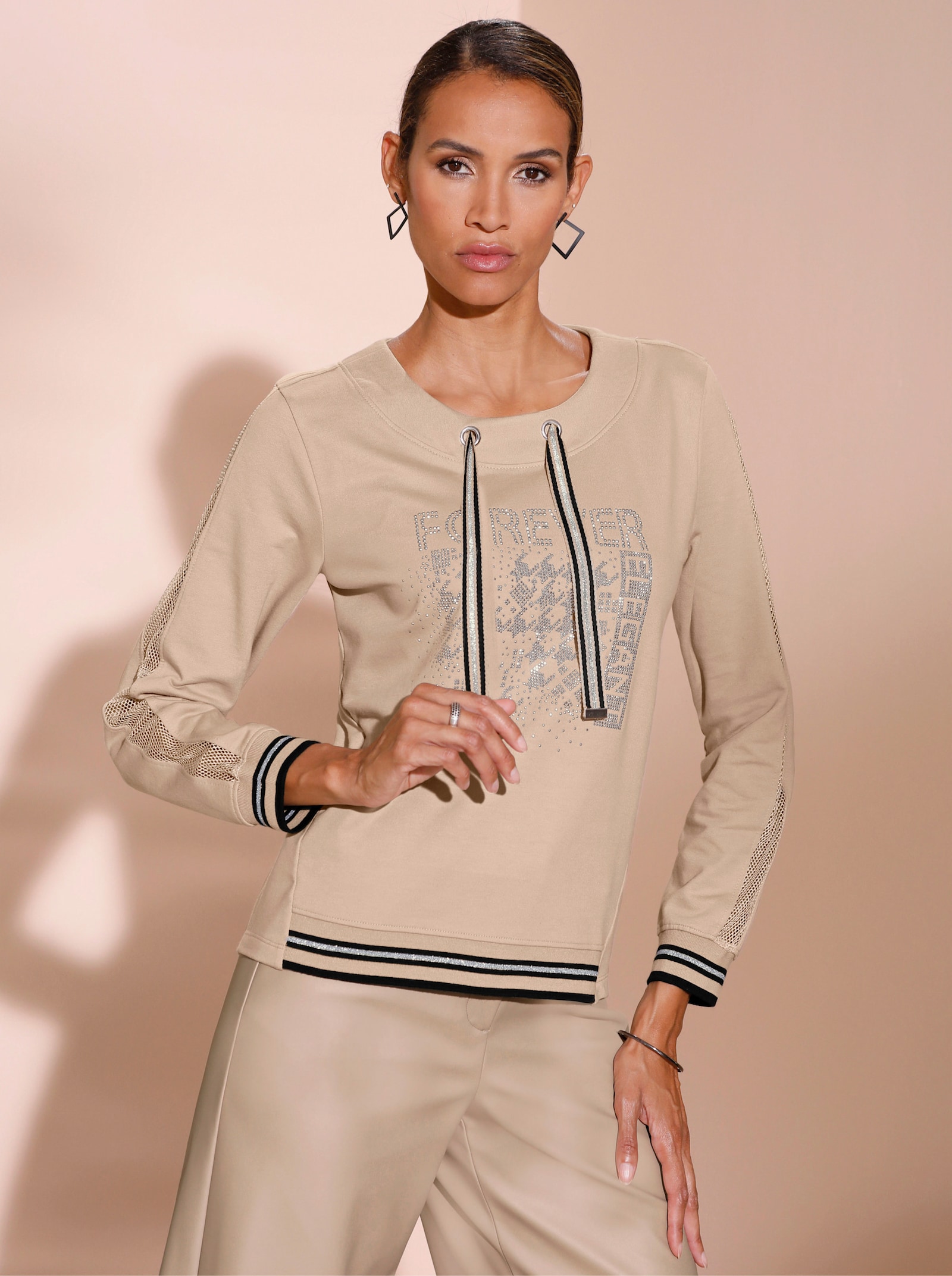 Sweatshirt mit Netz-Einsatz - beige