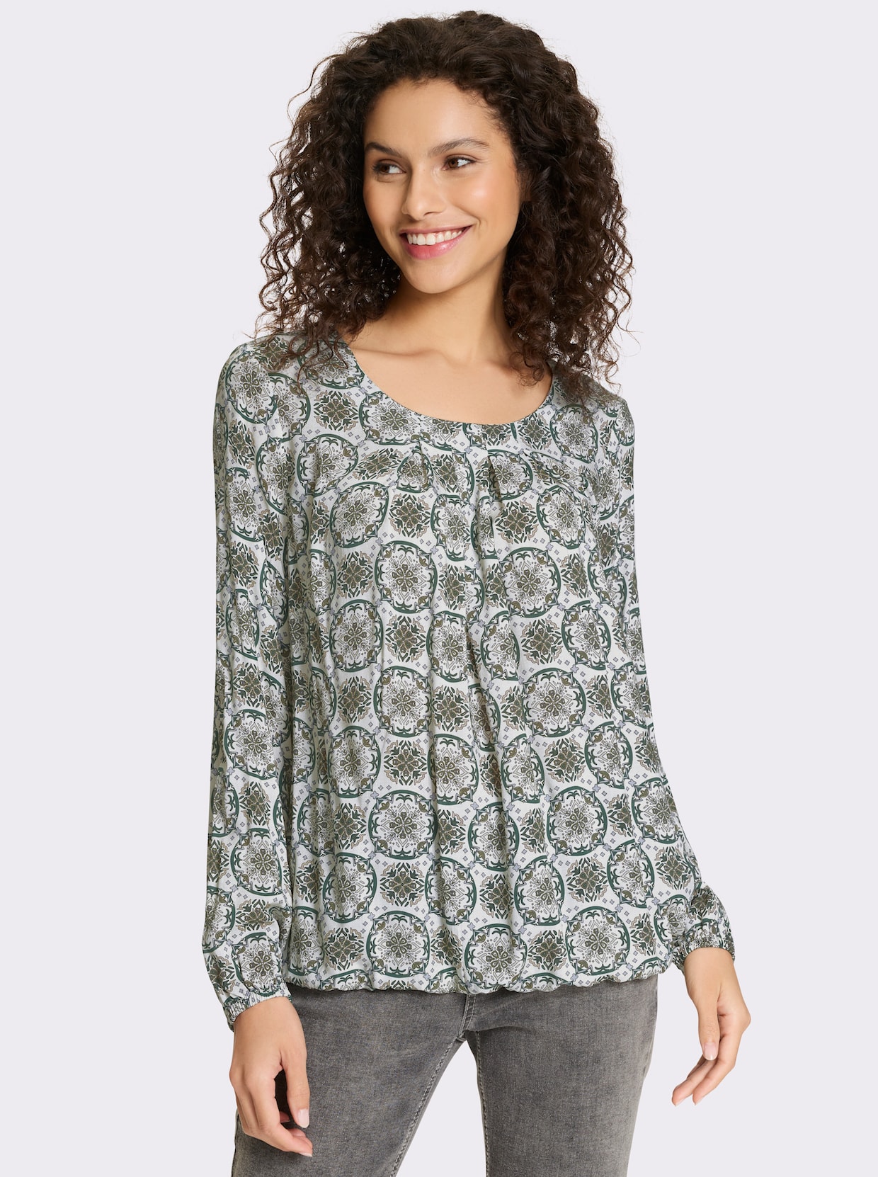 heine Druckbluse mit Faltenpartie - khaki-sand-bedruckt