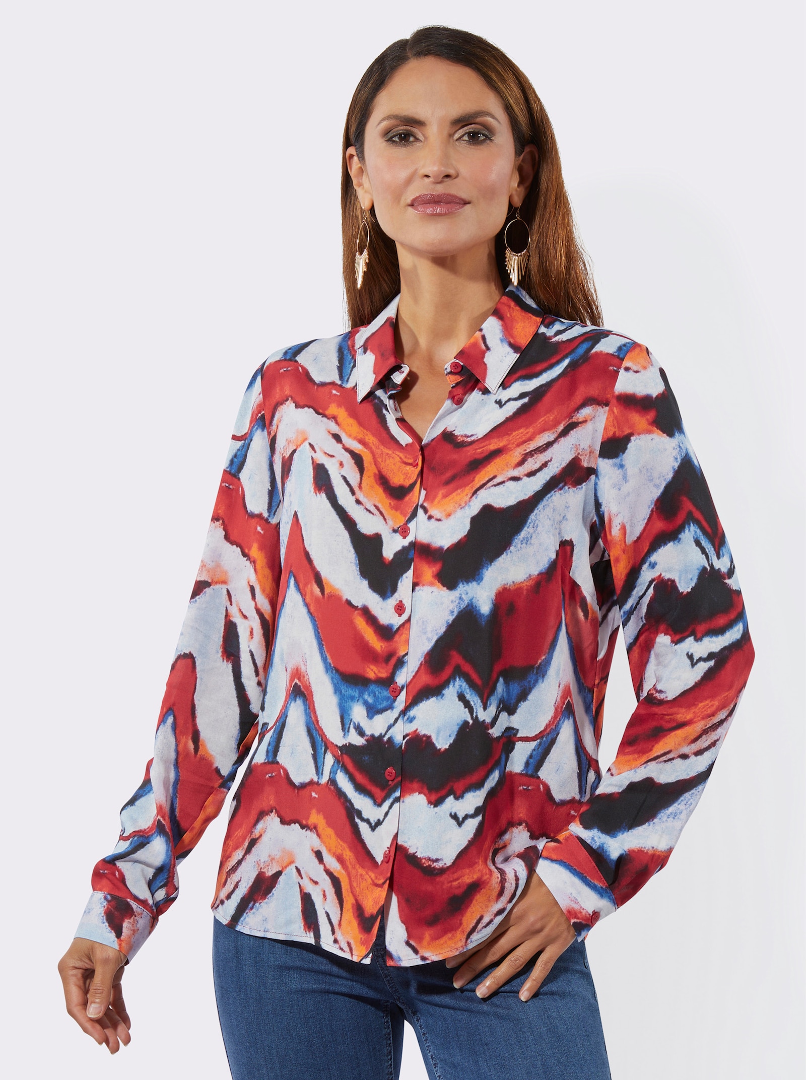 Hemdbluse im Druck-Dessin - erdbeere-rot-gemustert
