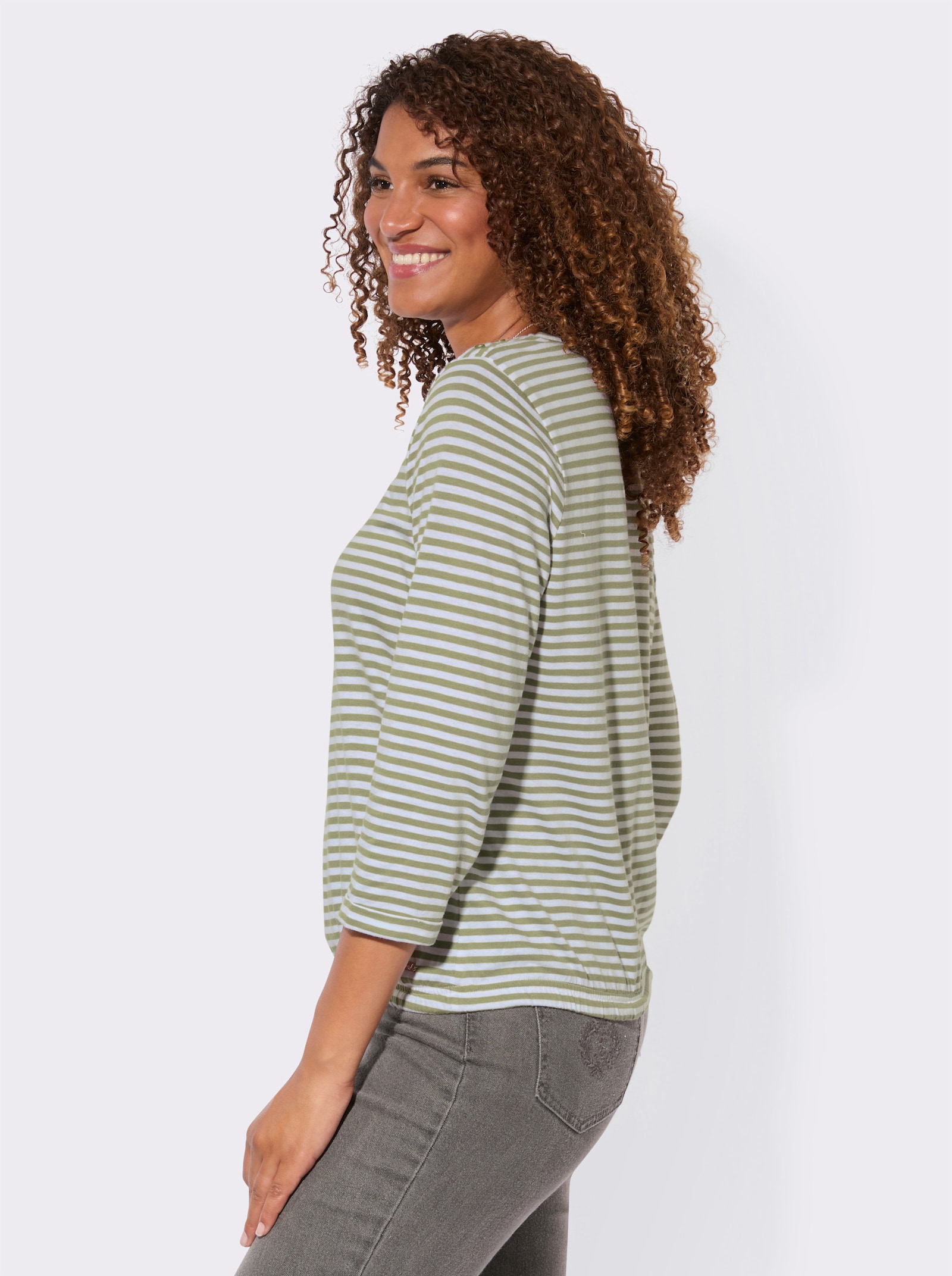 3/4-Arm-Shirt mit Kordel im Saum - schilf-weiß-geringelt