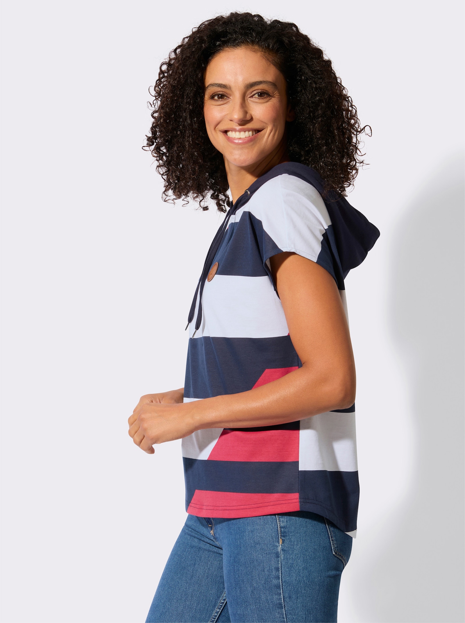 Kapuzenshirt mit überschnittenen Schultern - marine-weiß-gemustert