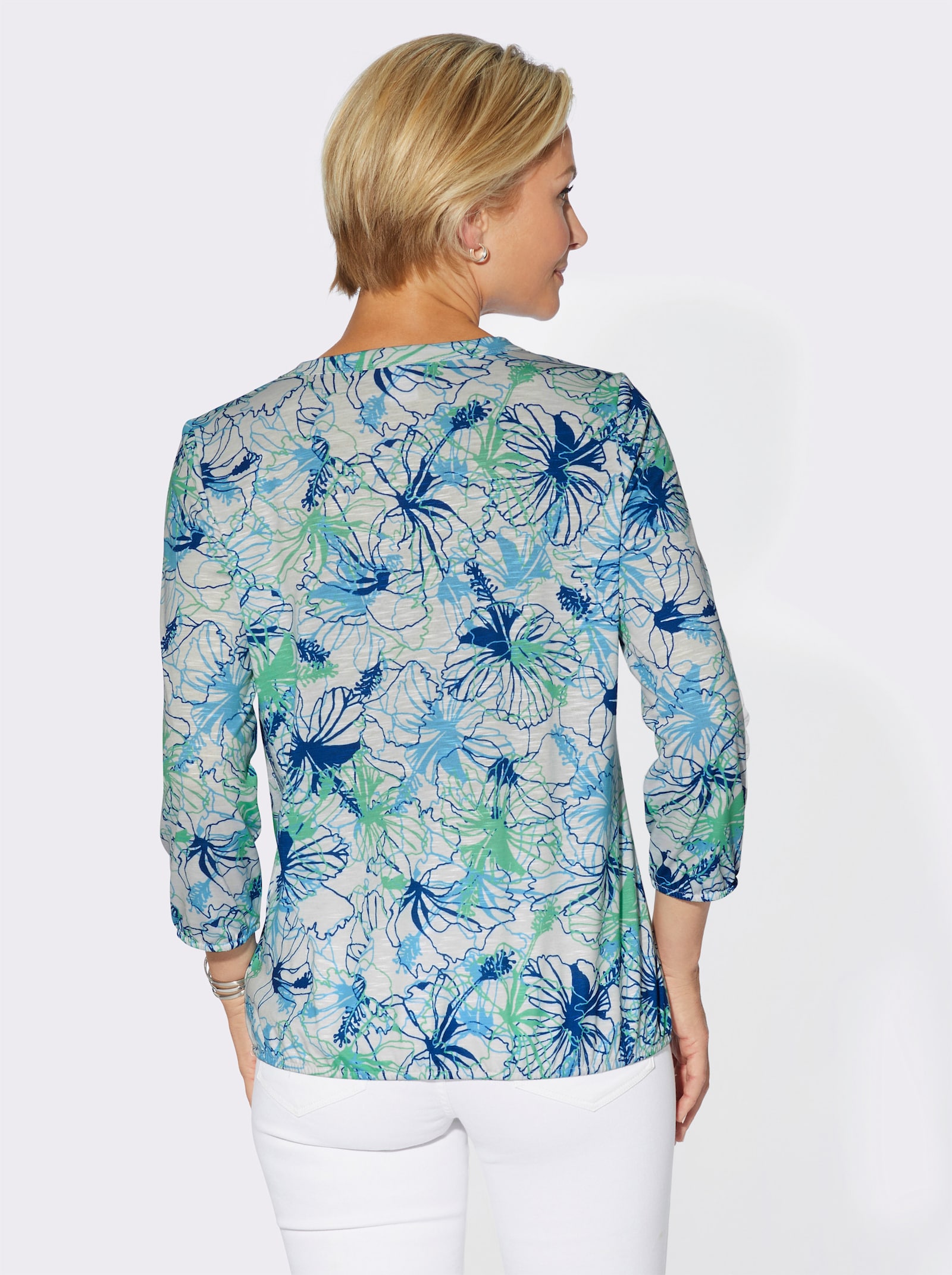 3/4-Arm-Shirt im floralen Dessin - blaugrün-weiß-bedruckt