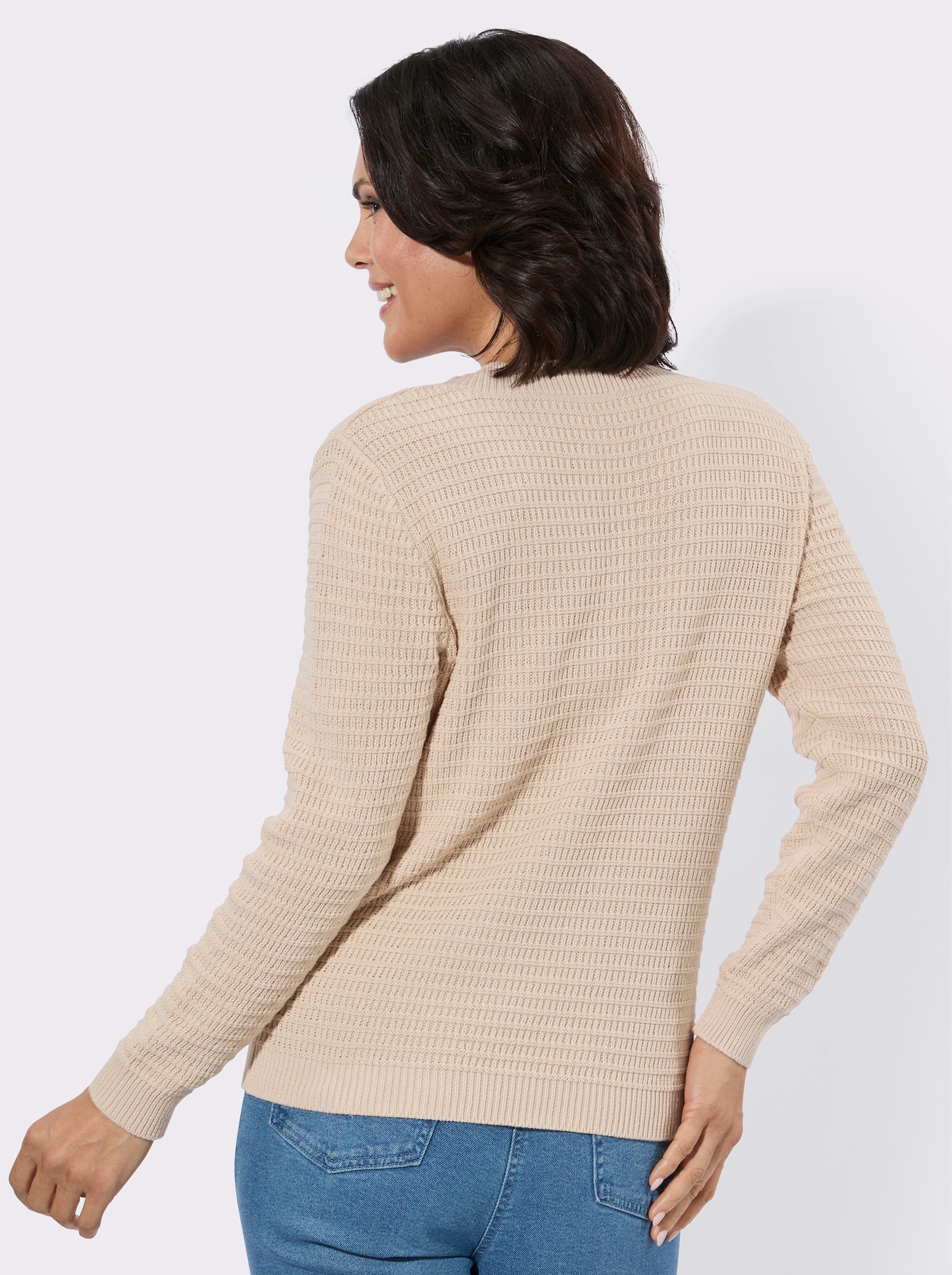 V-Ausschnitt-Pullover mit geripptem Saum - elfenbein