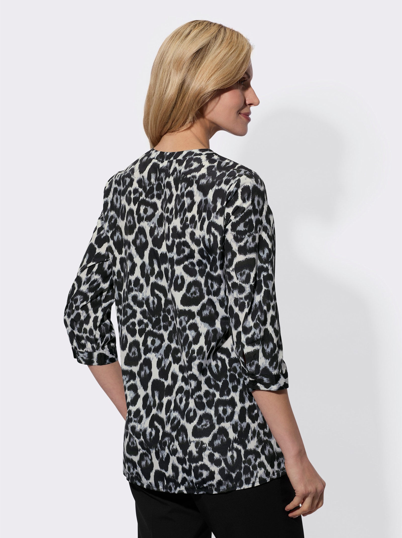 Longbluse im Animal-Dessin - hellgrau-schwarz-bedruckt