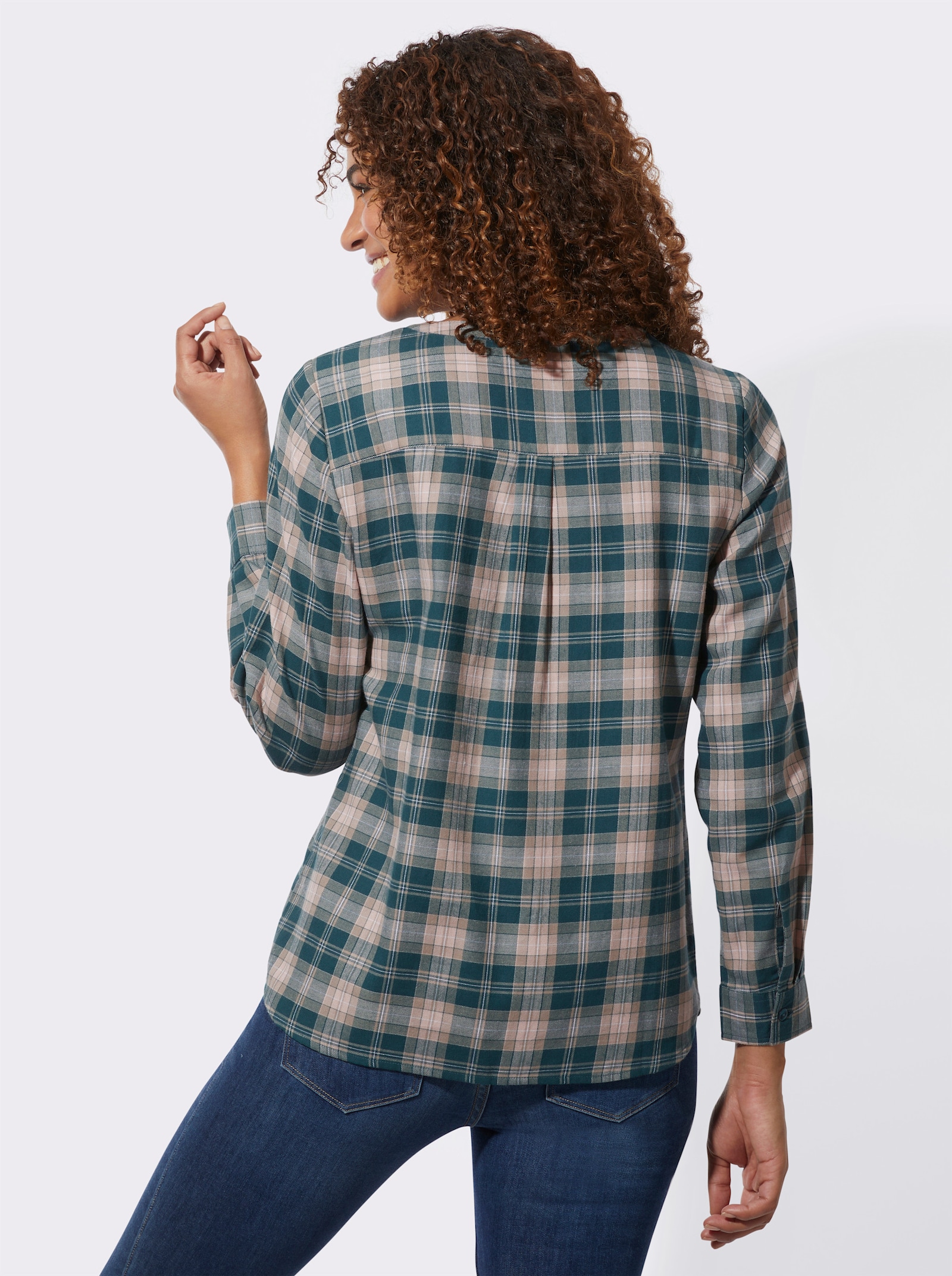 Geruite blouse van licht flanel - petrol/poudre geruit