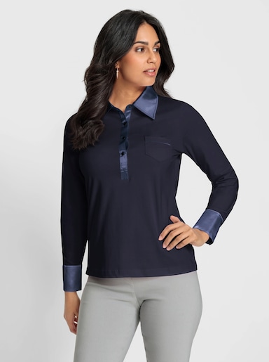 Langarm-Poloshirt mit aufgesetzter Tasche - nachtblau