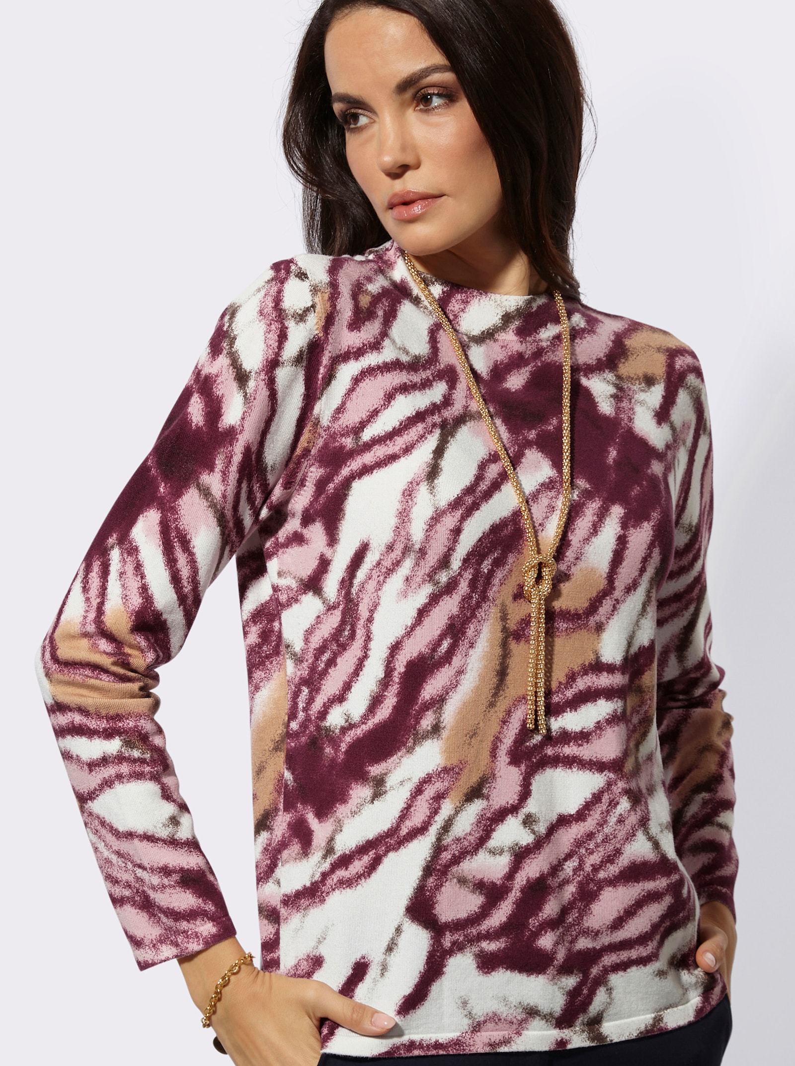 Langarm-Pullover mit Stehkragen - ecru-bordeaux-bedruckt