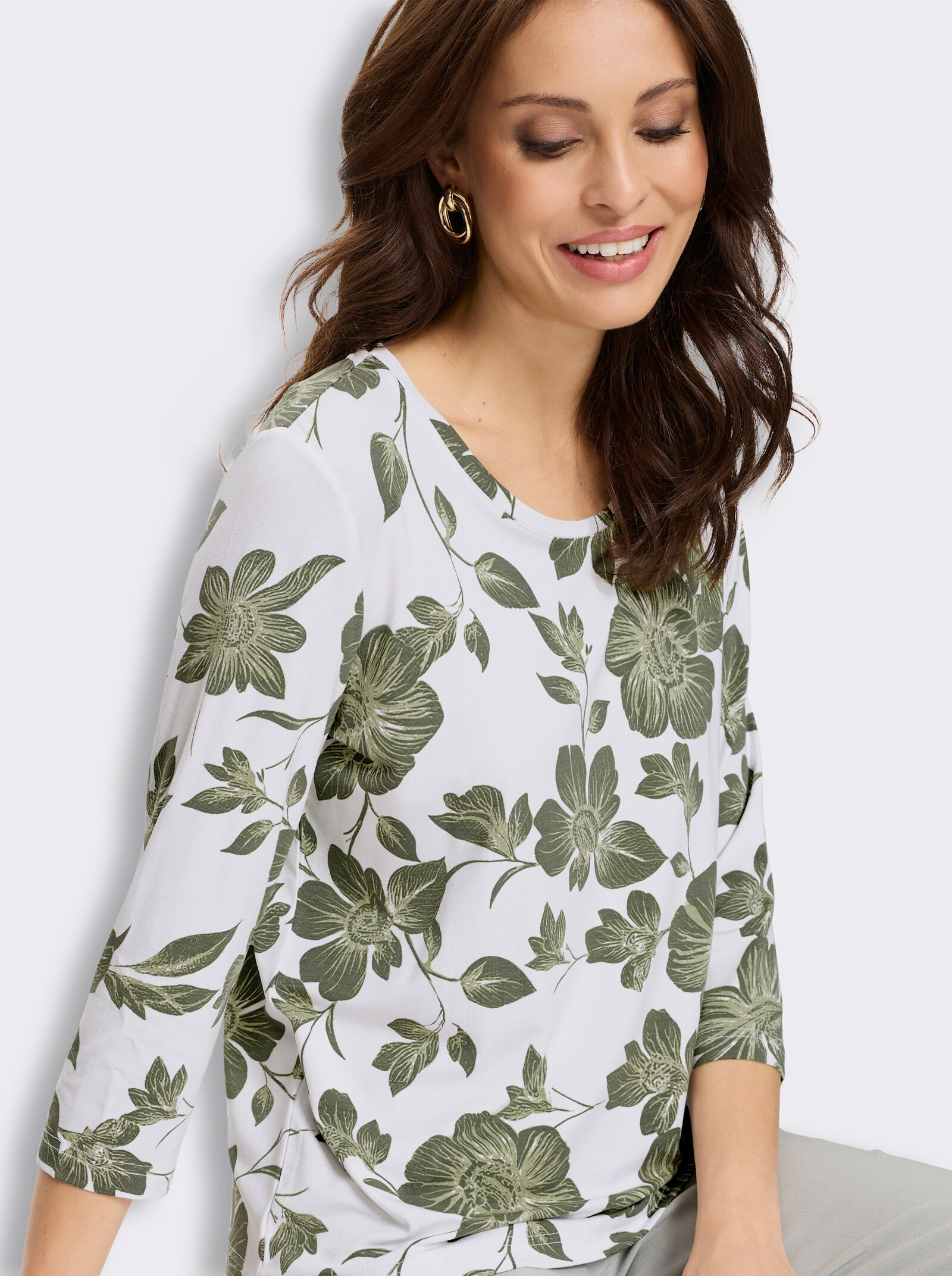 Print-Shirt im Blütendessin - weiß-khaki-bedruckt