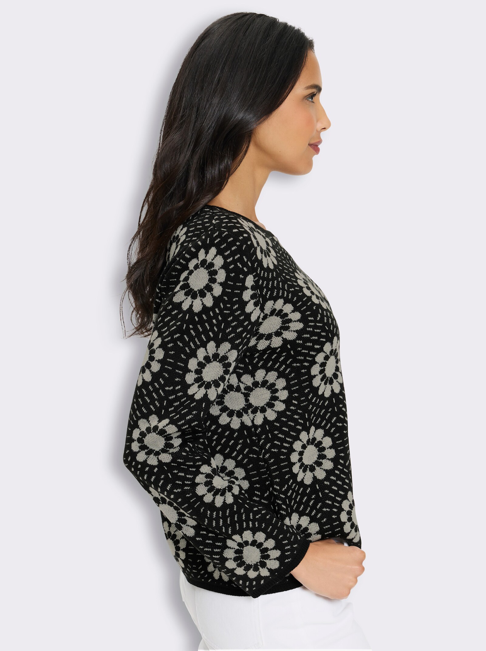 Jacquard-Pullover mit Blumen-Muster - schwarz-champagner-gemustert
