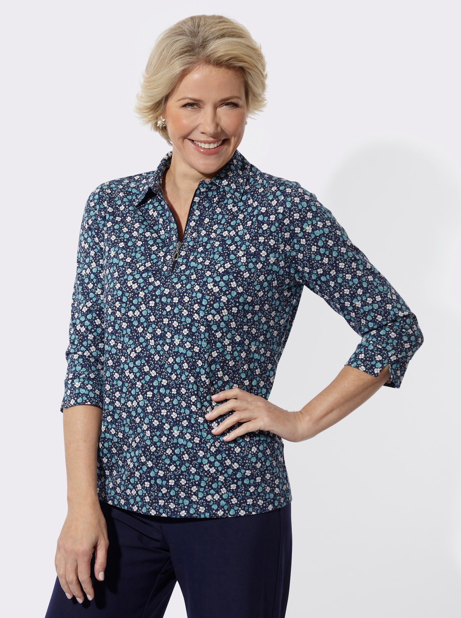 Poloshirt mit Glitzersteinchen - marine-türkis-bedruckt