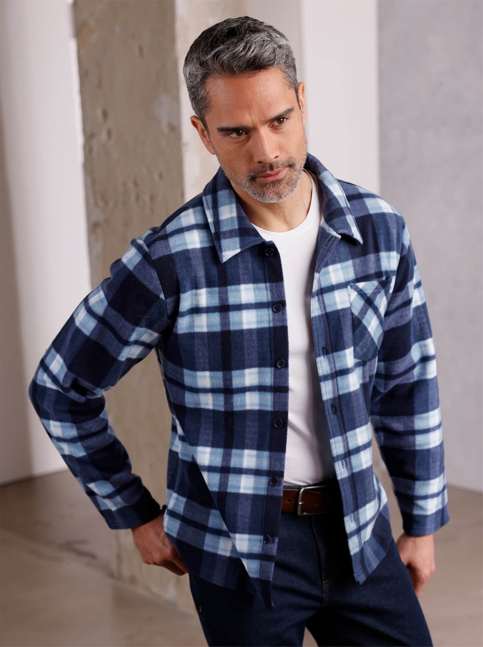 Fleecová bunda s kostkovaným vzorem - námořnická modrá-džínová modrá-kostka