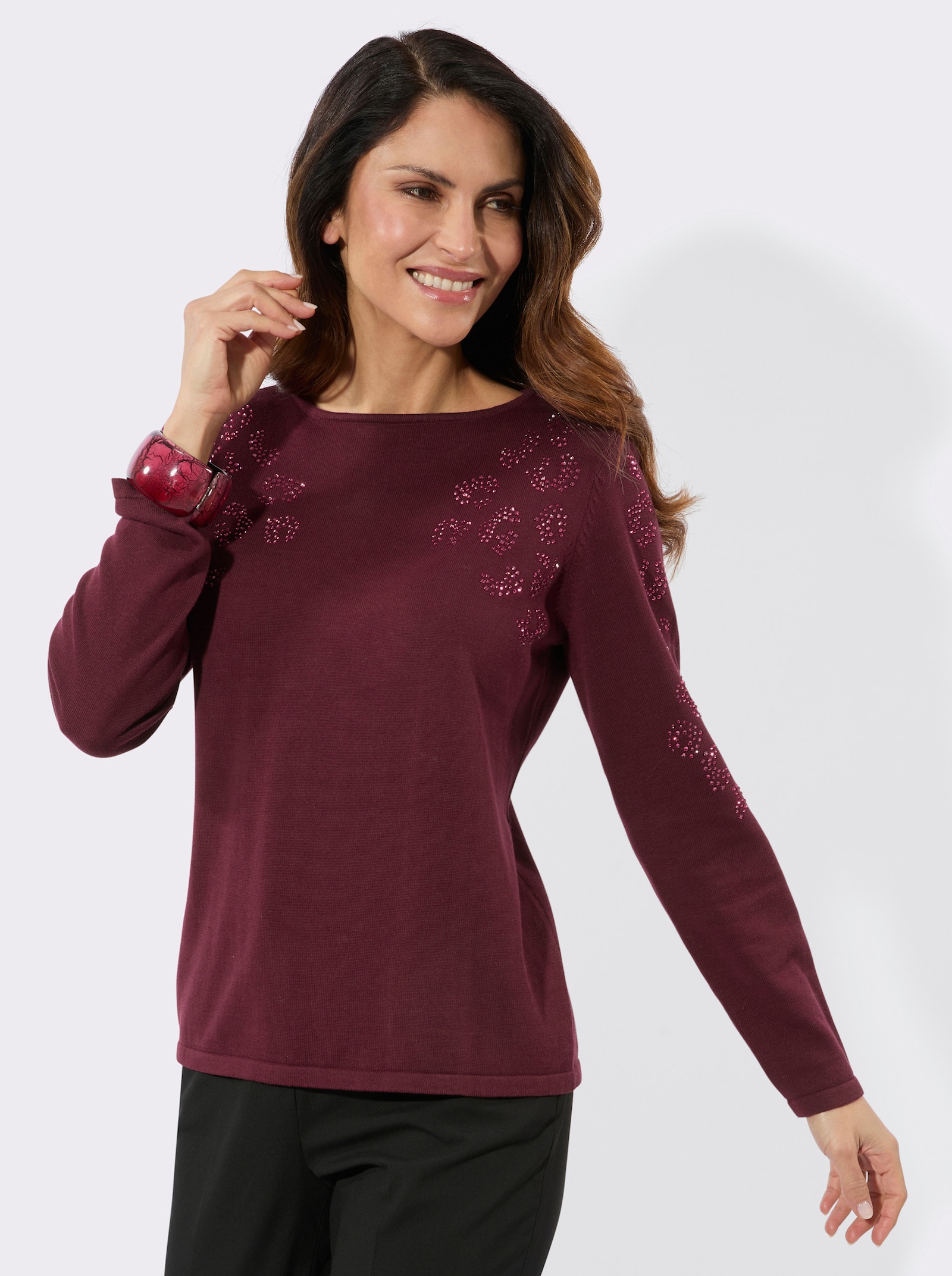 Feinstrickpullover mit Glitzersteinchen - bordeaux