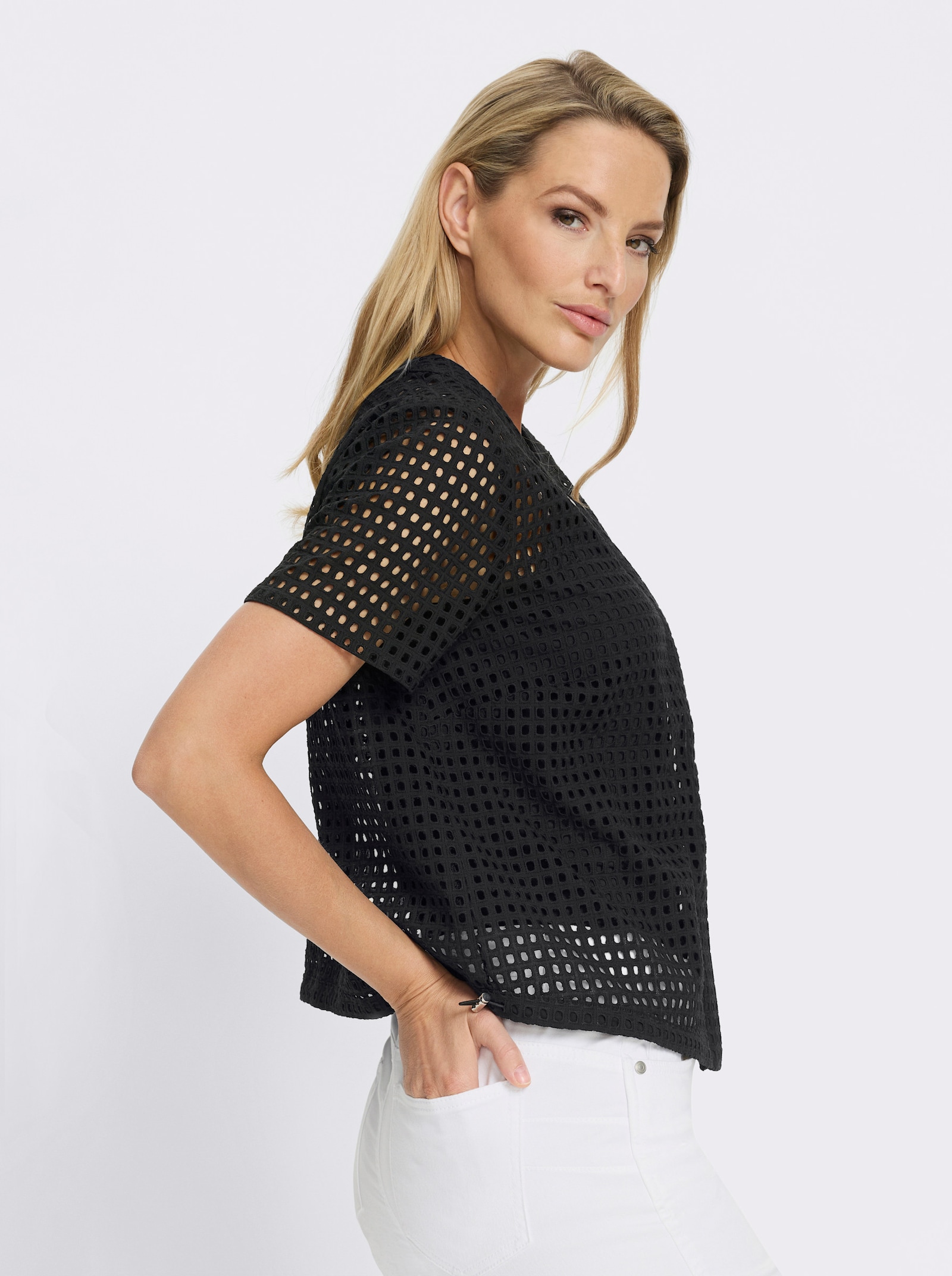 heine Kurzarm-Bluse mit Tunnelzug am Saum - schwarz