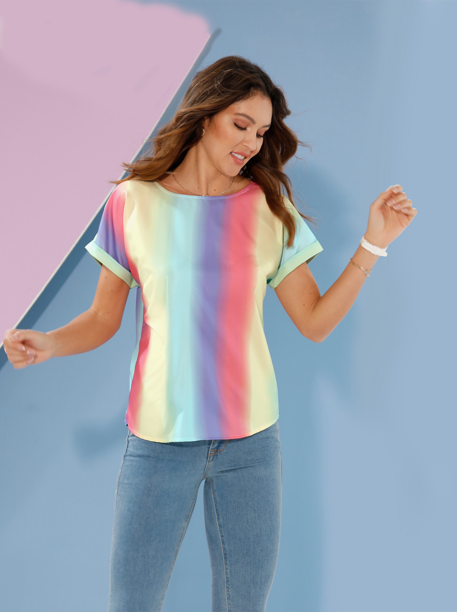 Schlupfbluse mit überschnittenen Schultern - lavendel-zitrone-bedruckt