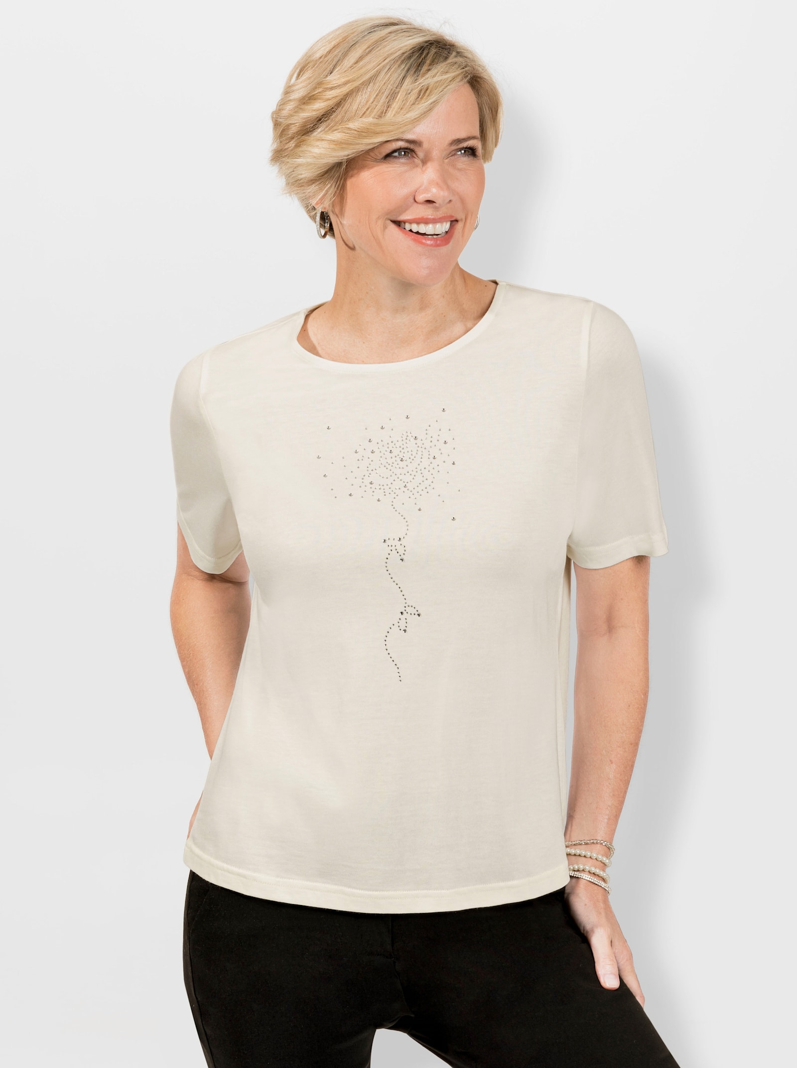 Shirt met ronde hals en glittersteentjes - ecru