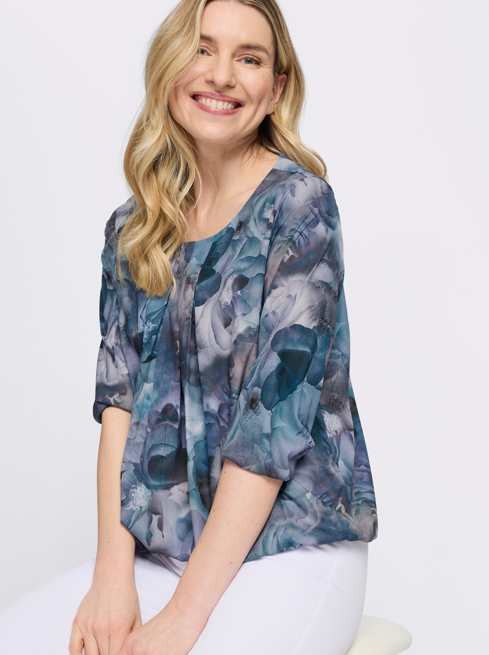 Schlupfbluse mit elastischen Abschlüssen - marine-aquamarin-bedruckt