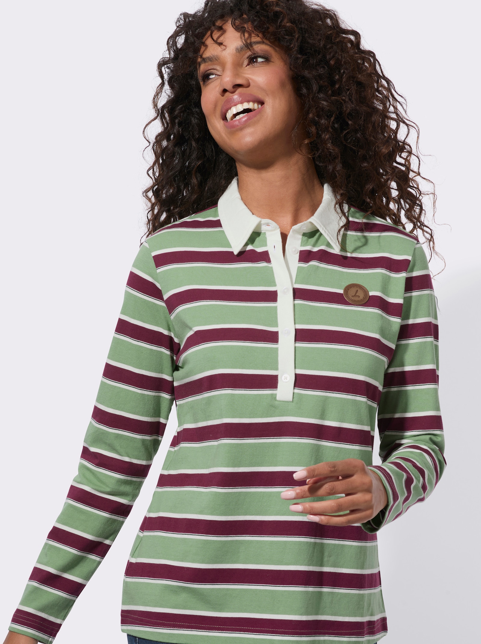  Langarm-Poloshirt mit garngefärbten Ringeln - eucalyptus-bordeaux-geringelt