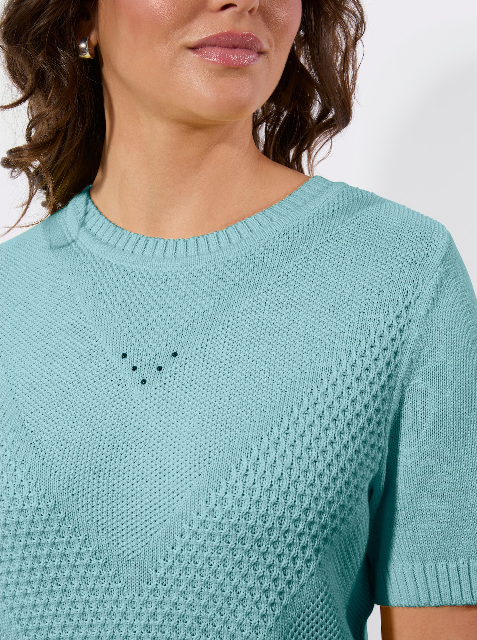 Kurzarmpullover mit Metallstein-Verzierung - aquamarin