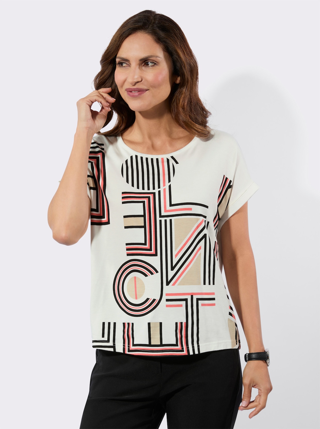 Rundhalsshirt - ecru-koralle-bedruckt