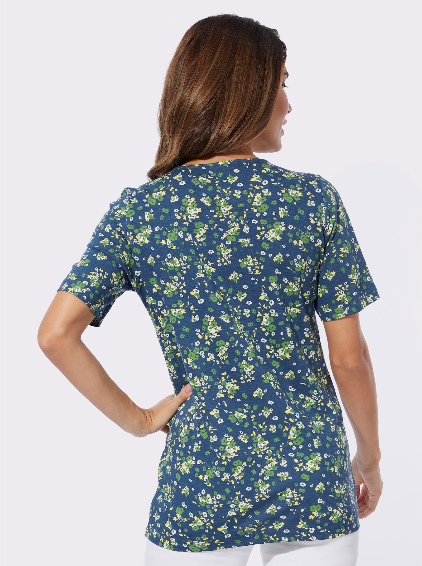 Shirt met korte mouwen in millefleurs-dessin - jeansblauw/citroen bedrukt