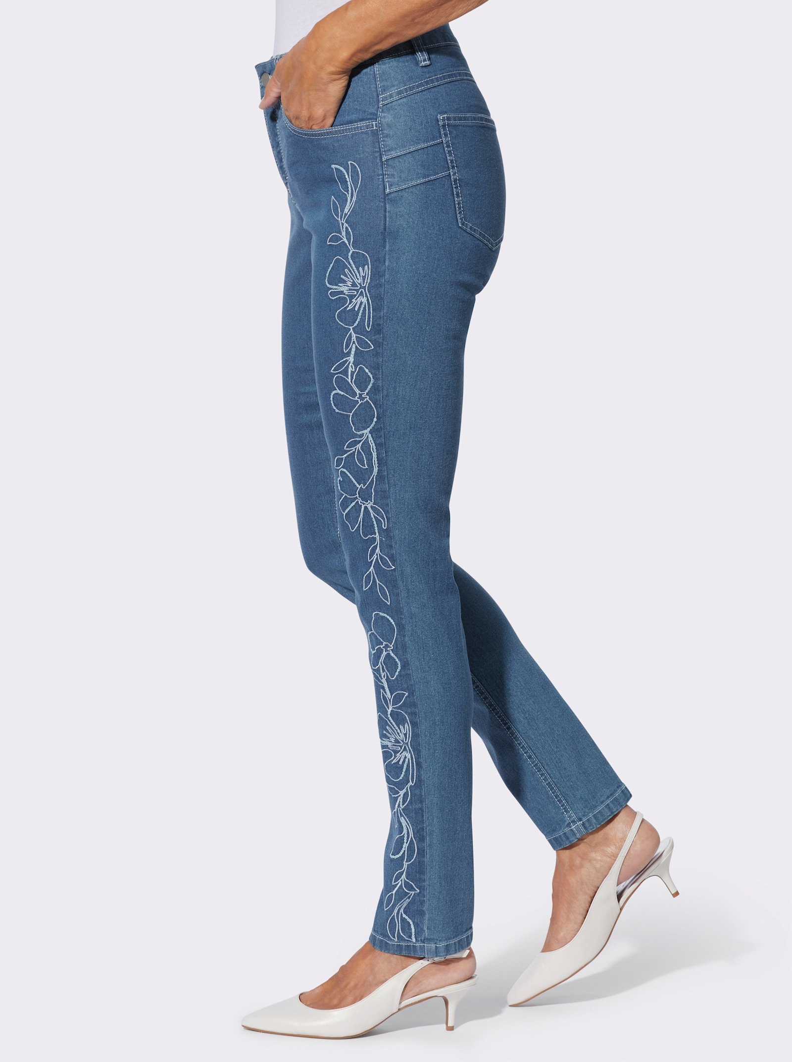 5-Pocket-Jeans mit Pailletten und Motivstickerei - blue-bleached