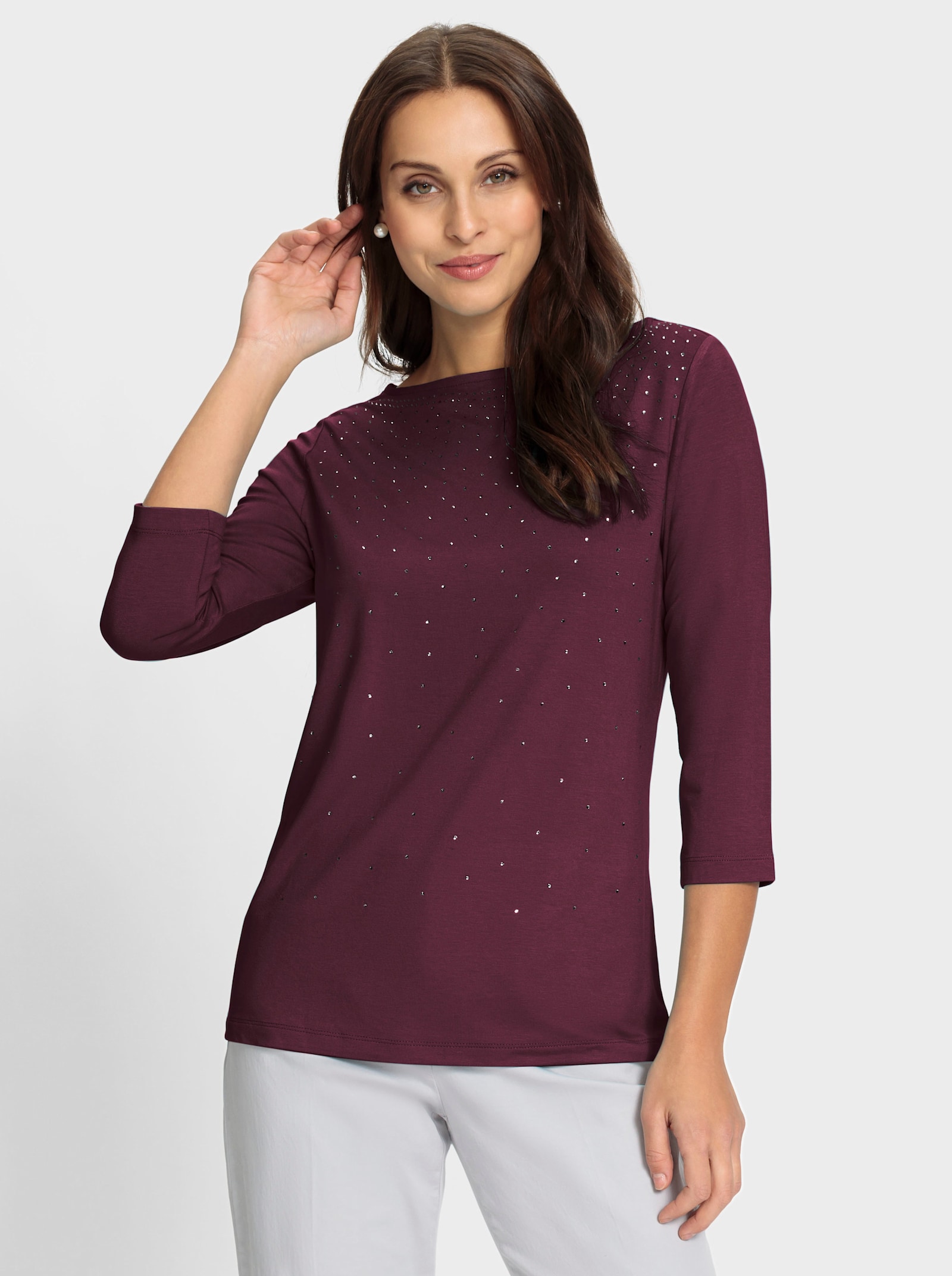 Shirt met 3/4-mouwen en glittersteentjes - bordeaux