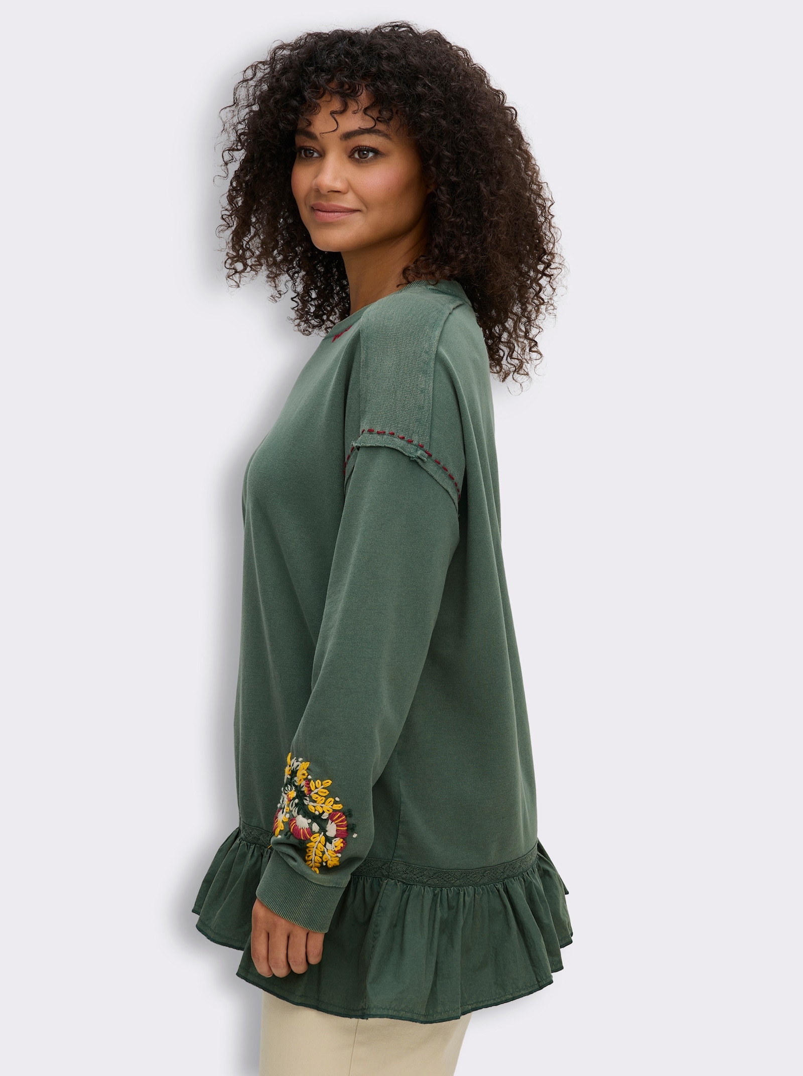sheego by Joe Browns Sweatshirt mit Volant am Saum - moos