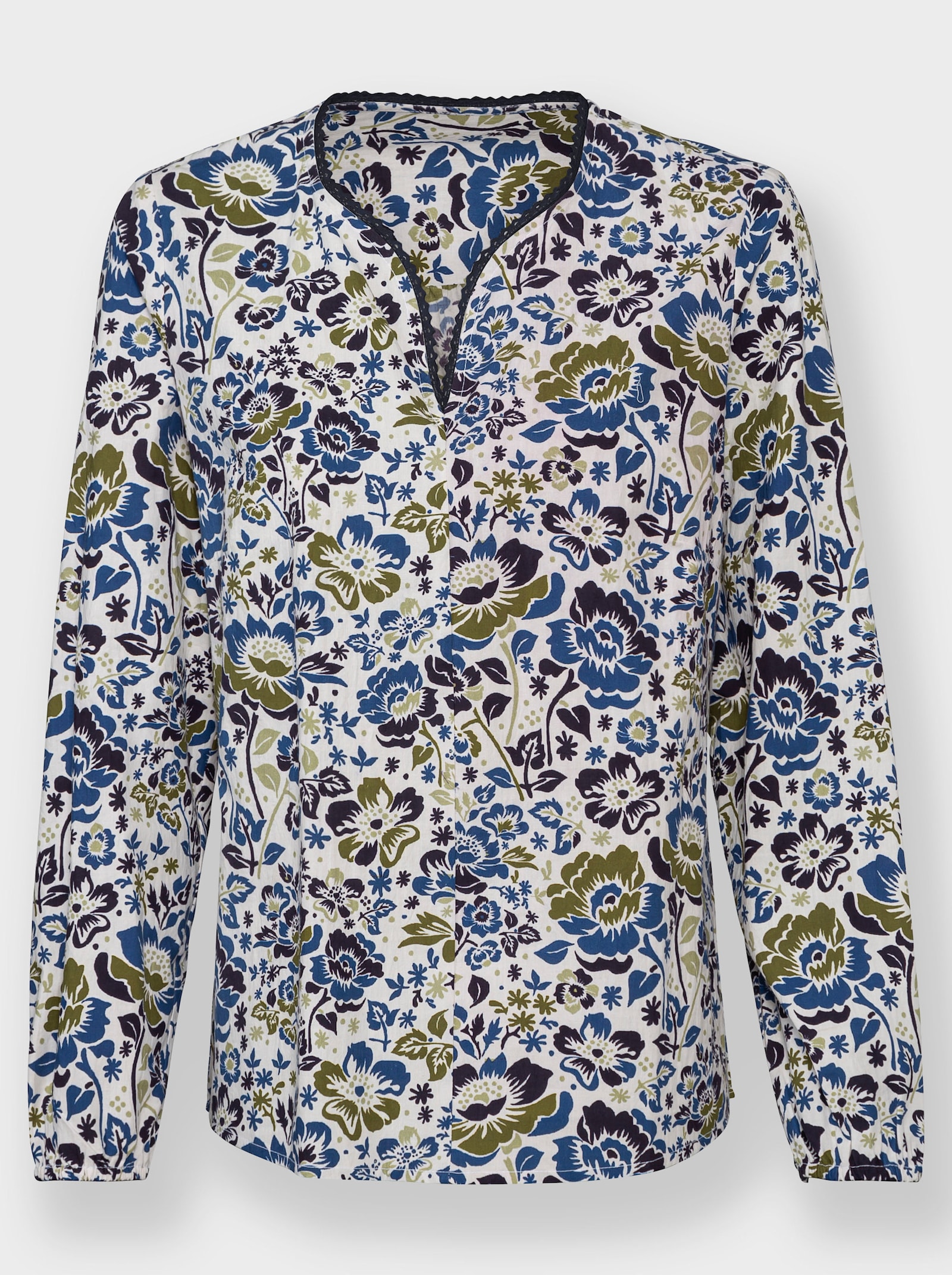 Baumwollbluse mit Spitzenborte am Ausschnitt - ecru-jeansblau-bedruckt