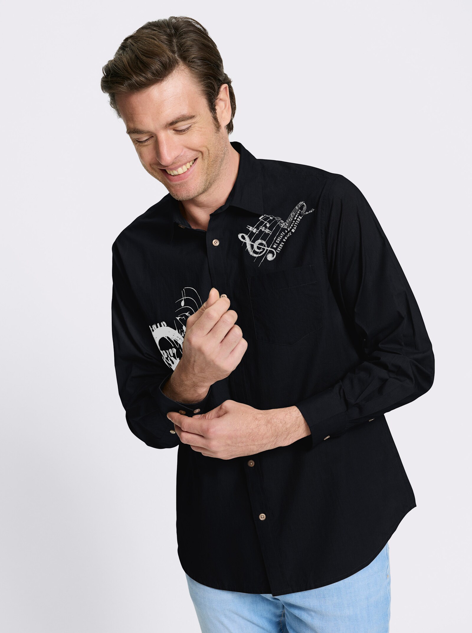 Catamaran Langarmhemd mit platzierten Prints, Baumwolle - schwarz-bedruckt