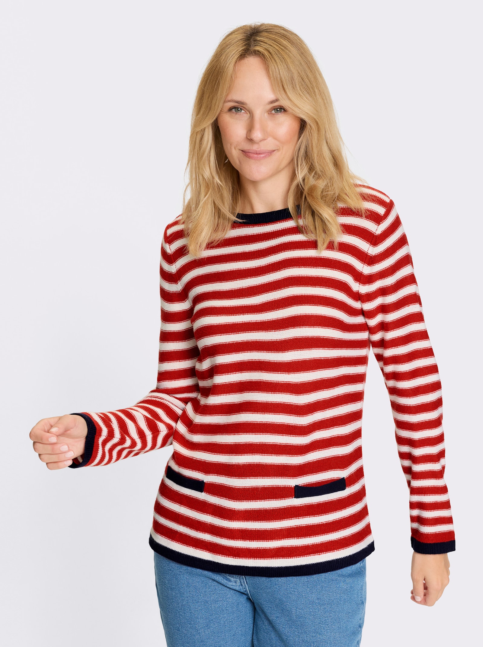 Rundhalspullover mit garngefärbtem Ringel - rot-weiß-geringelt