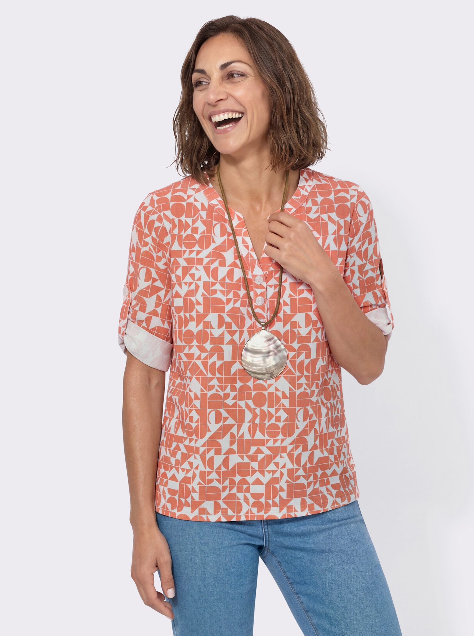 Blusenshirt mit kurzer Knopfleiste - papaya-ecru-bedruckt