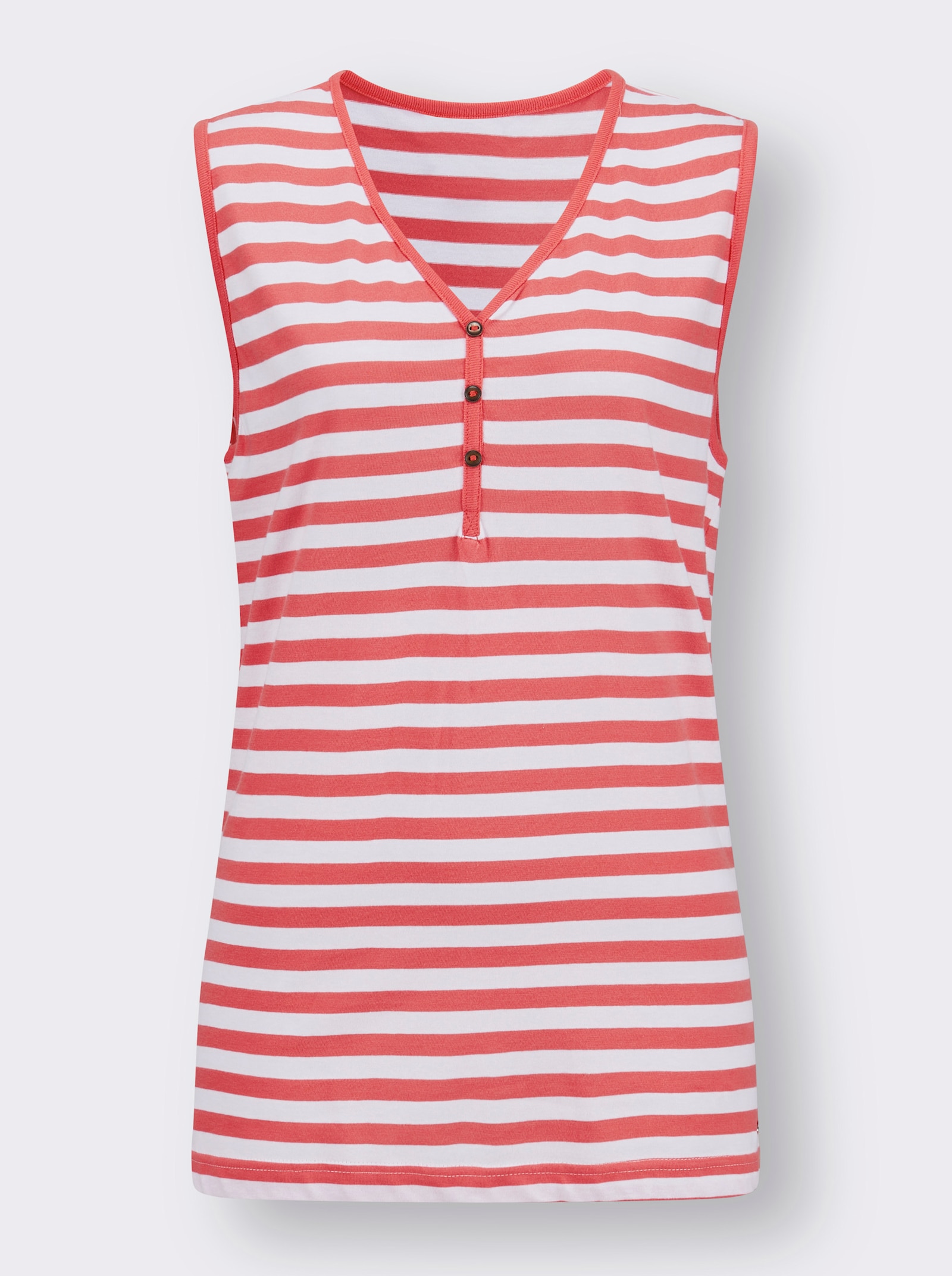 Streepjesshirt met sierknoopsluiting - koraal/wit gestreept