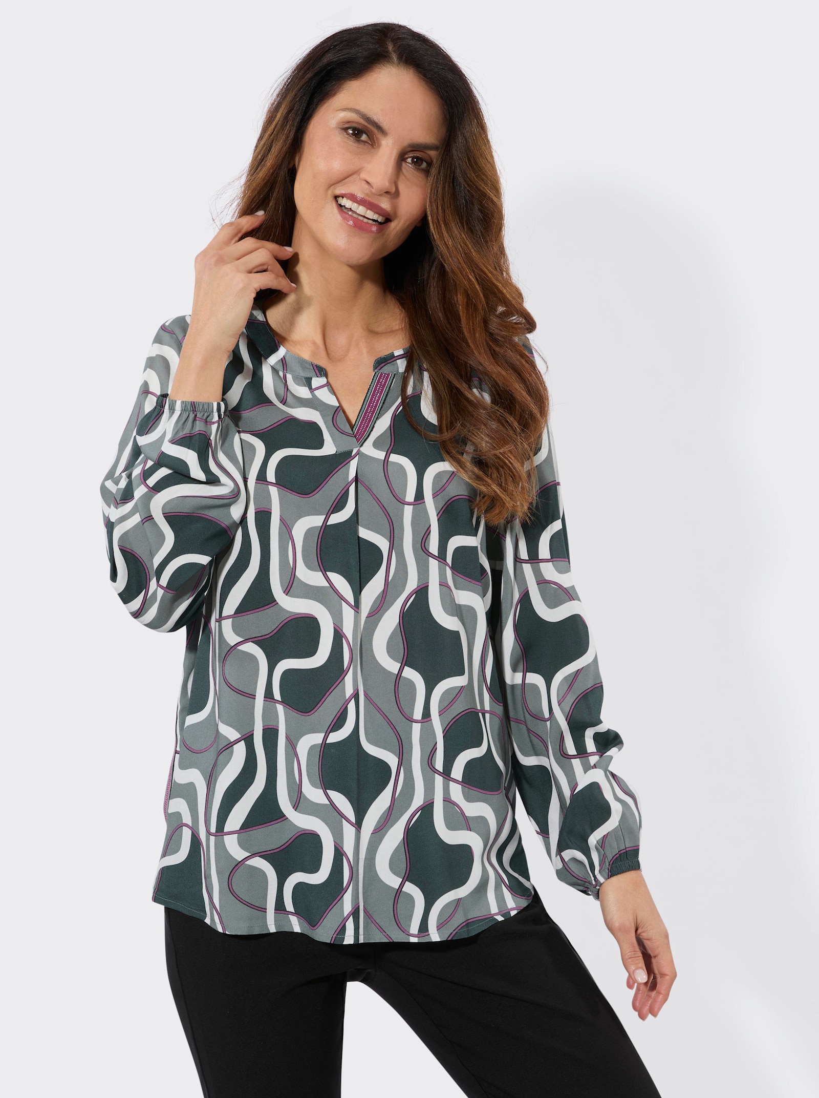 Schlupf-Bluse mit Zierbändern - petrol-erika-bedruckt