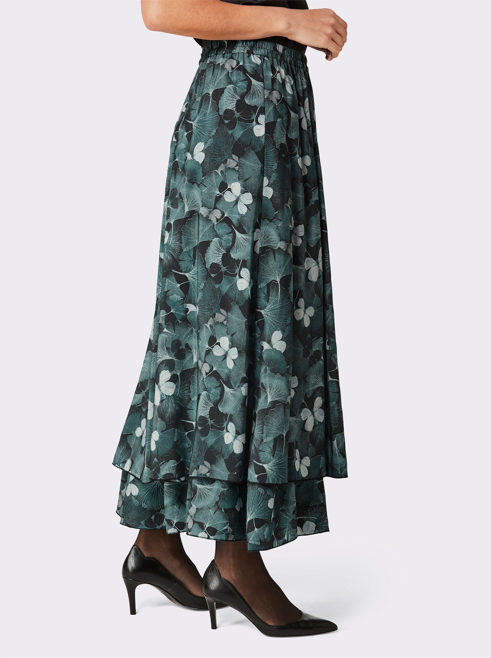 CREATION L PREMIUM Stufenrock im Blüten-Print - schwarz-petrol-bedruckt