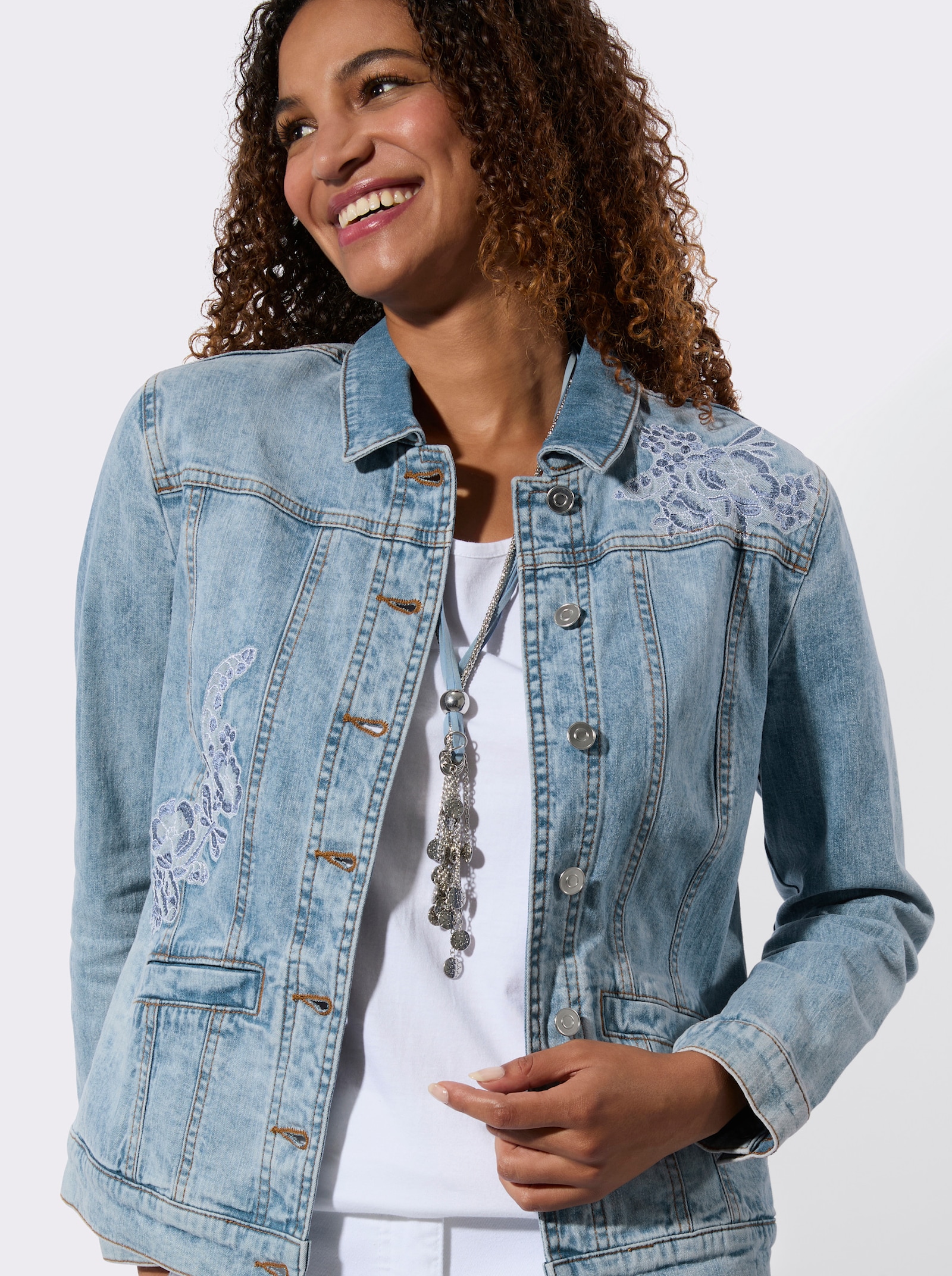 Jeansjack met platte kraag - blue-bleached