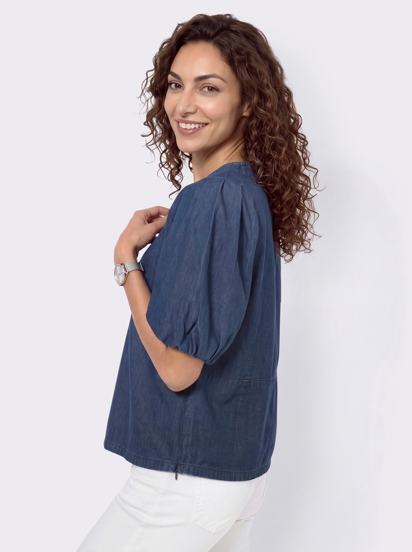 Jeansbluse mit kurzen Raglan-Ärmeln - darkblue-stone-washed