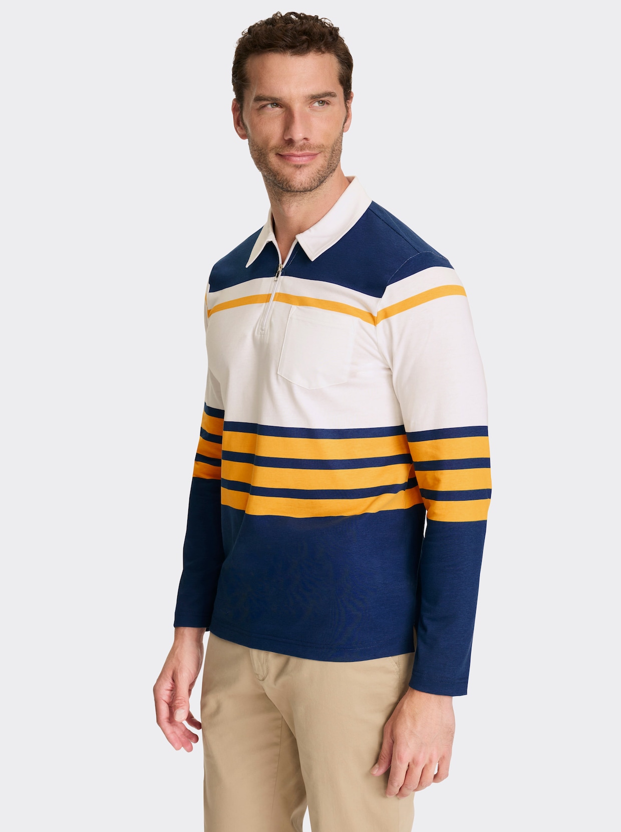 Catamaran Langarmshirt - dunkelblau-ocker-gestreift