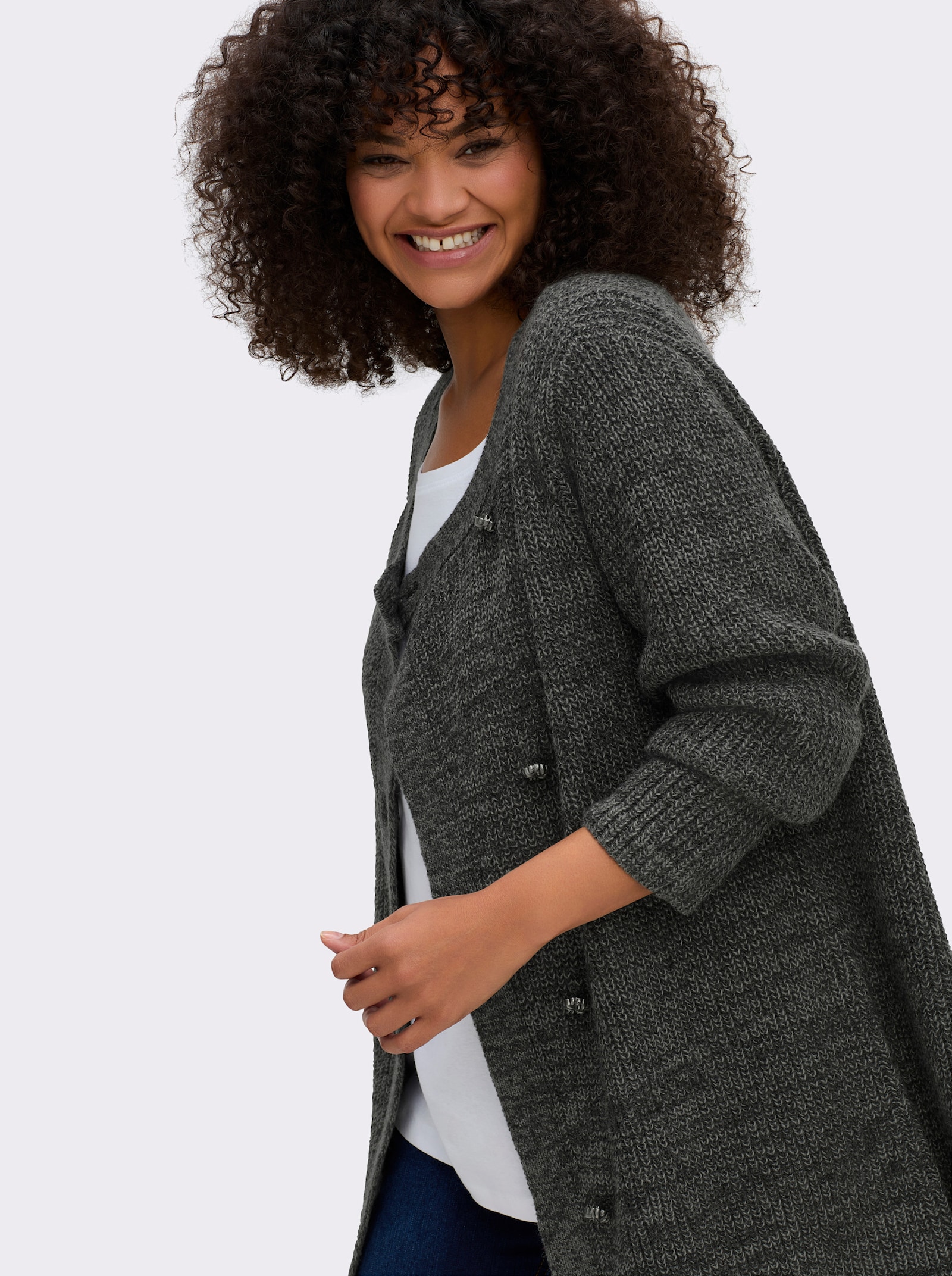 sheego Strickjacke mit überlappender Knopfleiste - graphit-meliert