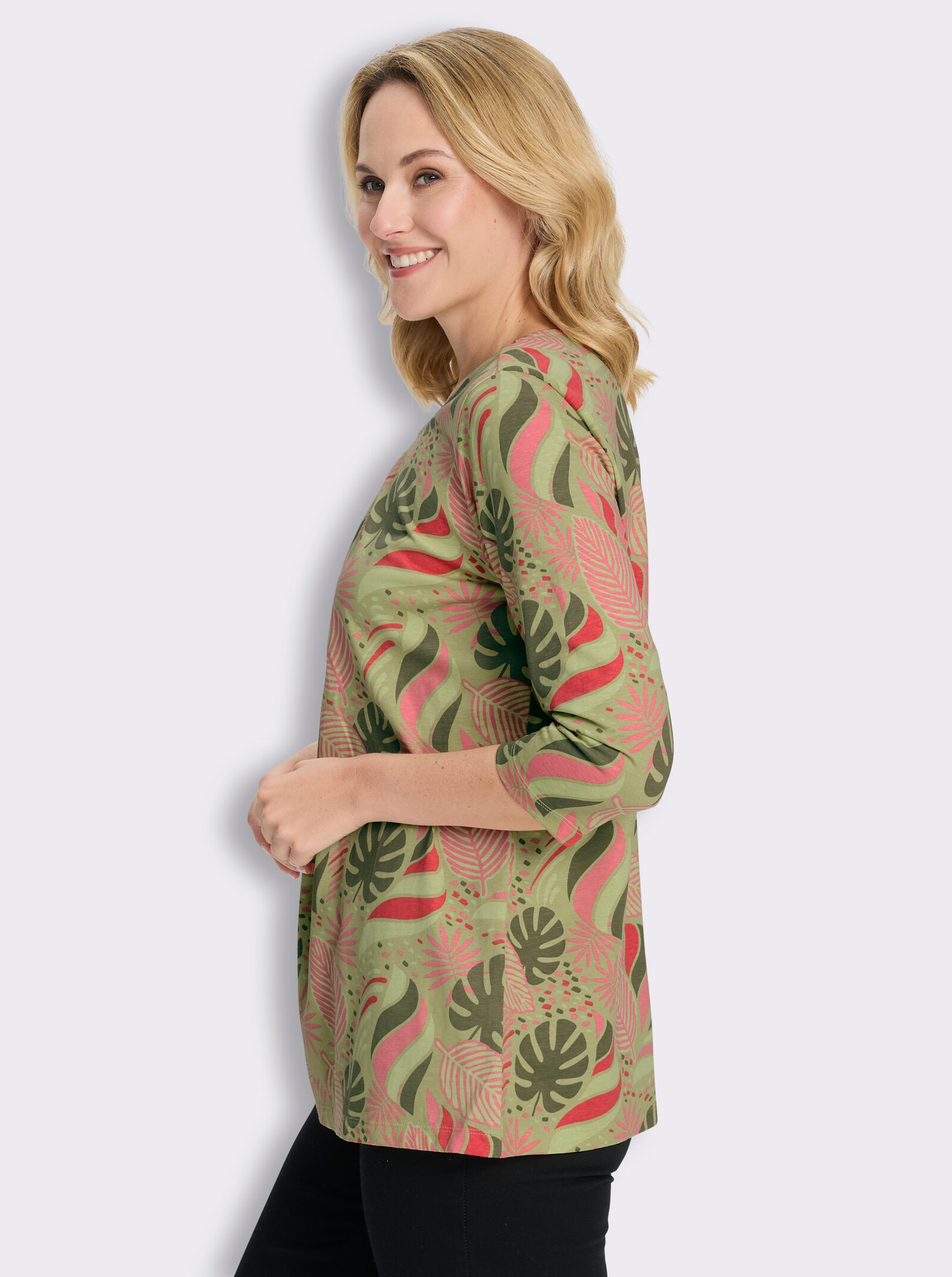 Longshirt in ausgestellter A-Linie - lindgrün-flamingo-bedruckt