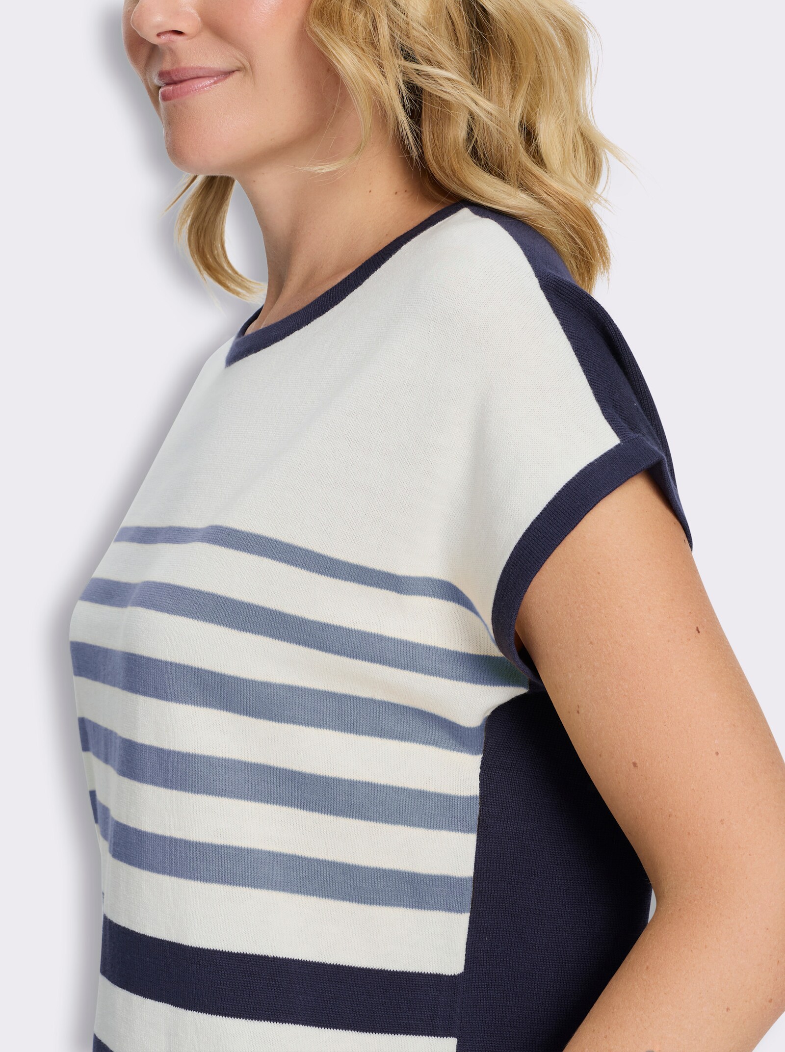 Kurzarmpullover aus reiner Baumwolle, gestreift - taubenblau-marine-geringelt