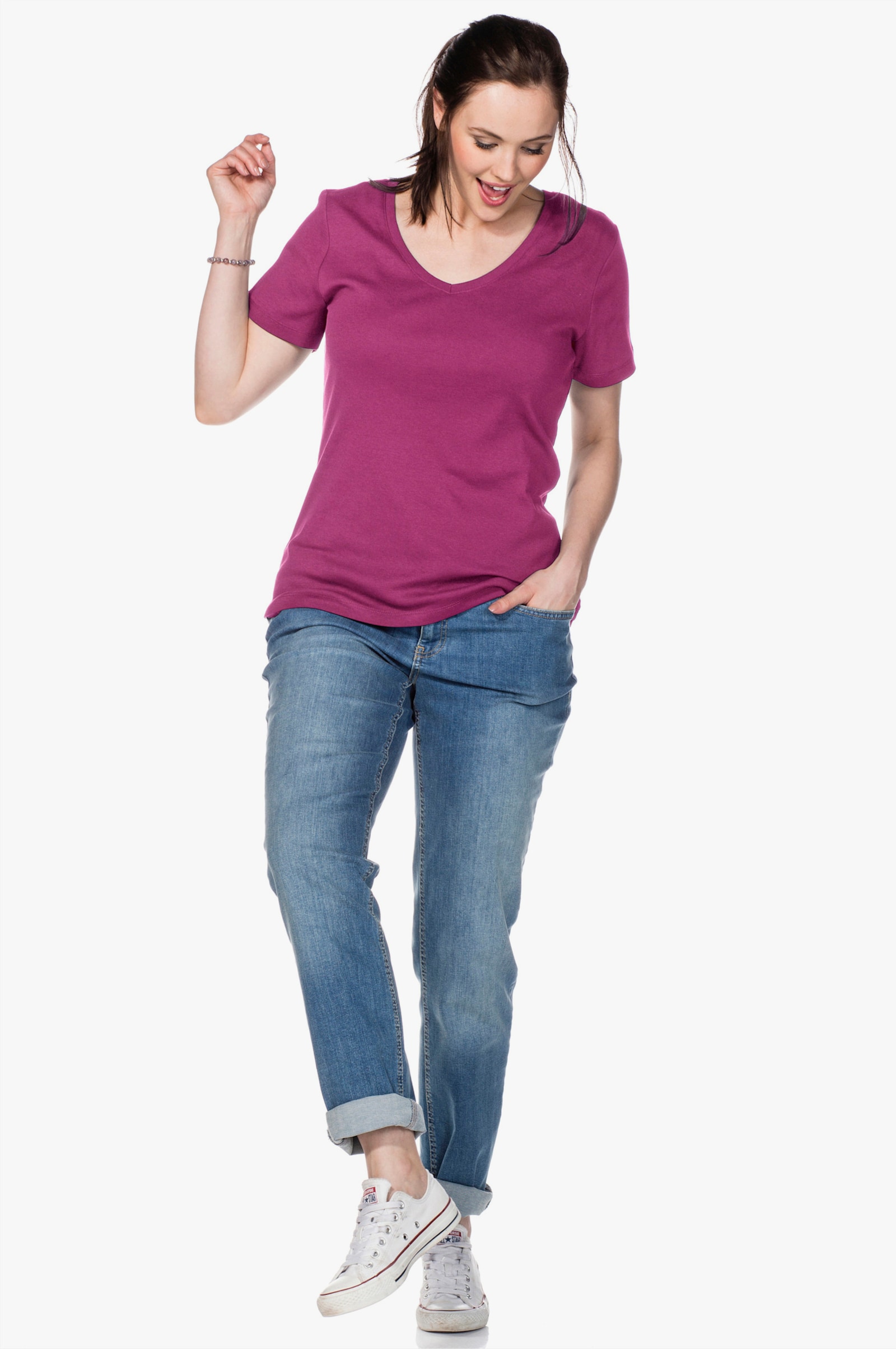 sheego T-Shirt mit V-Ausschnitt, Rippqualität - magenta
