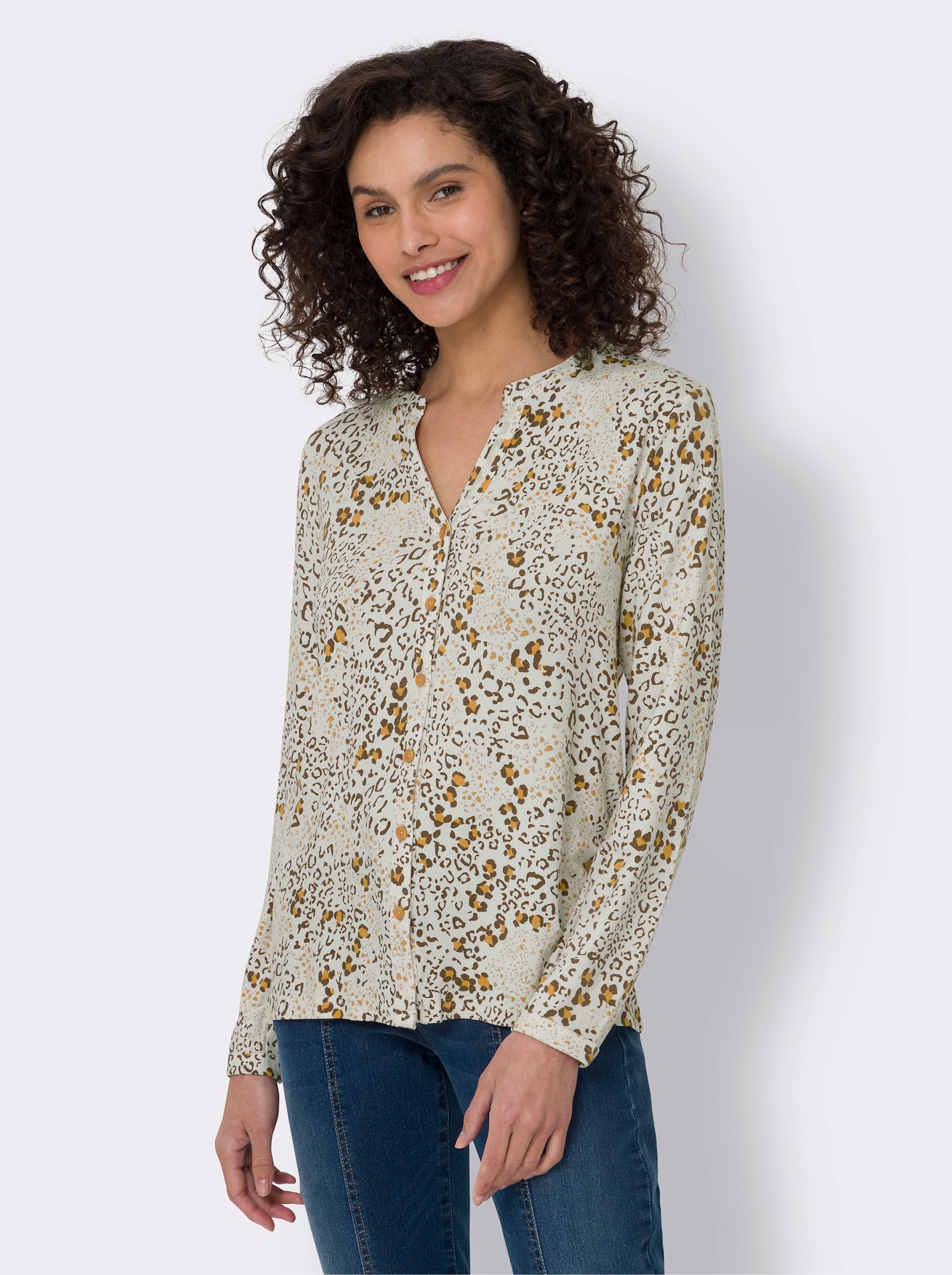 heine Blouse met lange mouwen en fluwelen garnering op de knoopsluiting - champagne/oker bedrukt