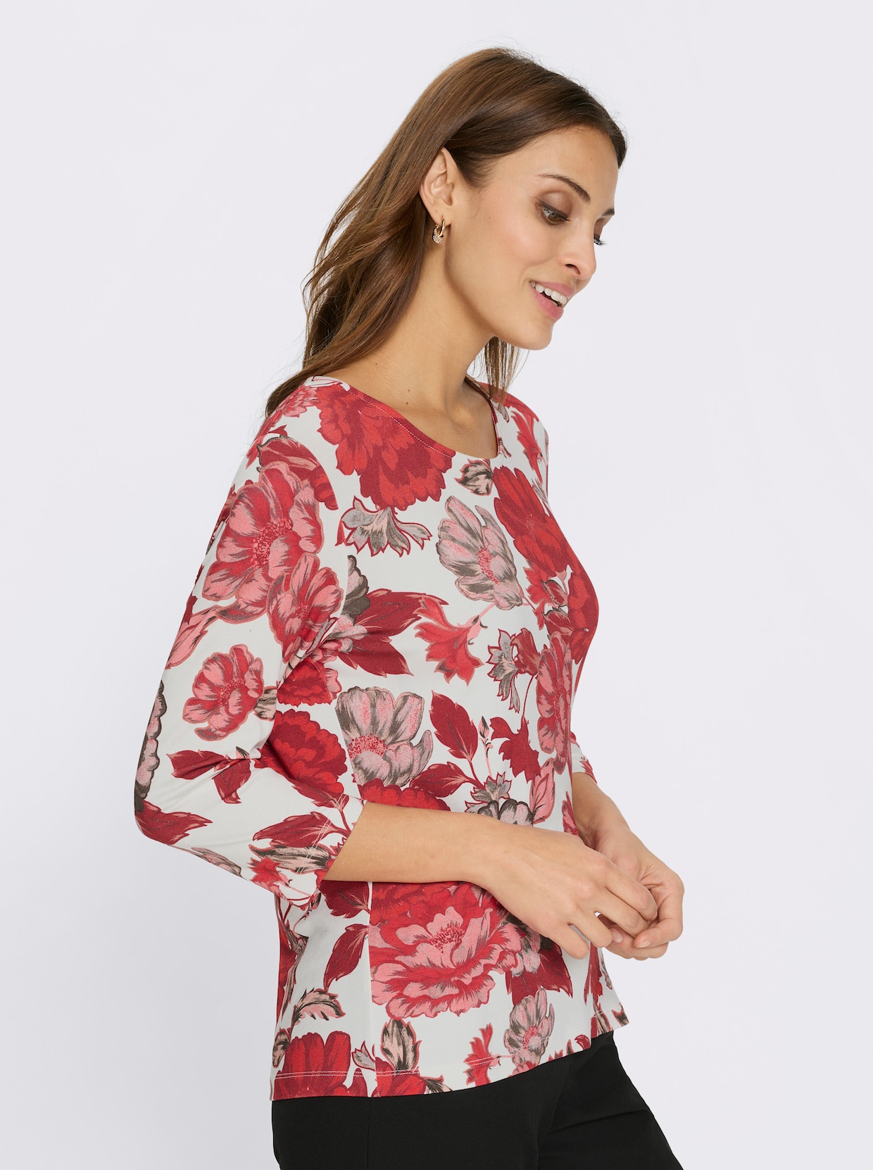 Rundhalsshirt - ecru-rot-bedruckt