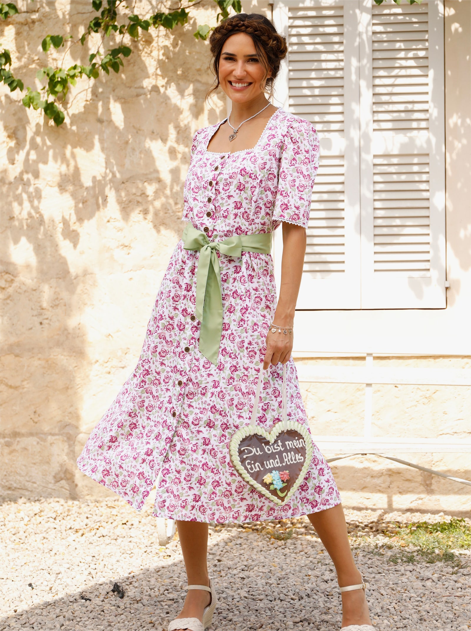 Trachtenkleid mit Spitzen-Details - rosenquarz-lindgrün-bedruckt