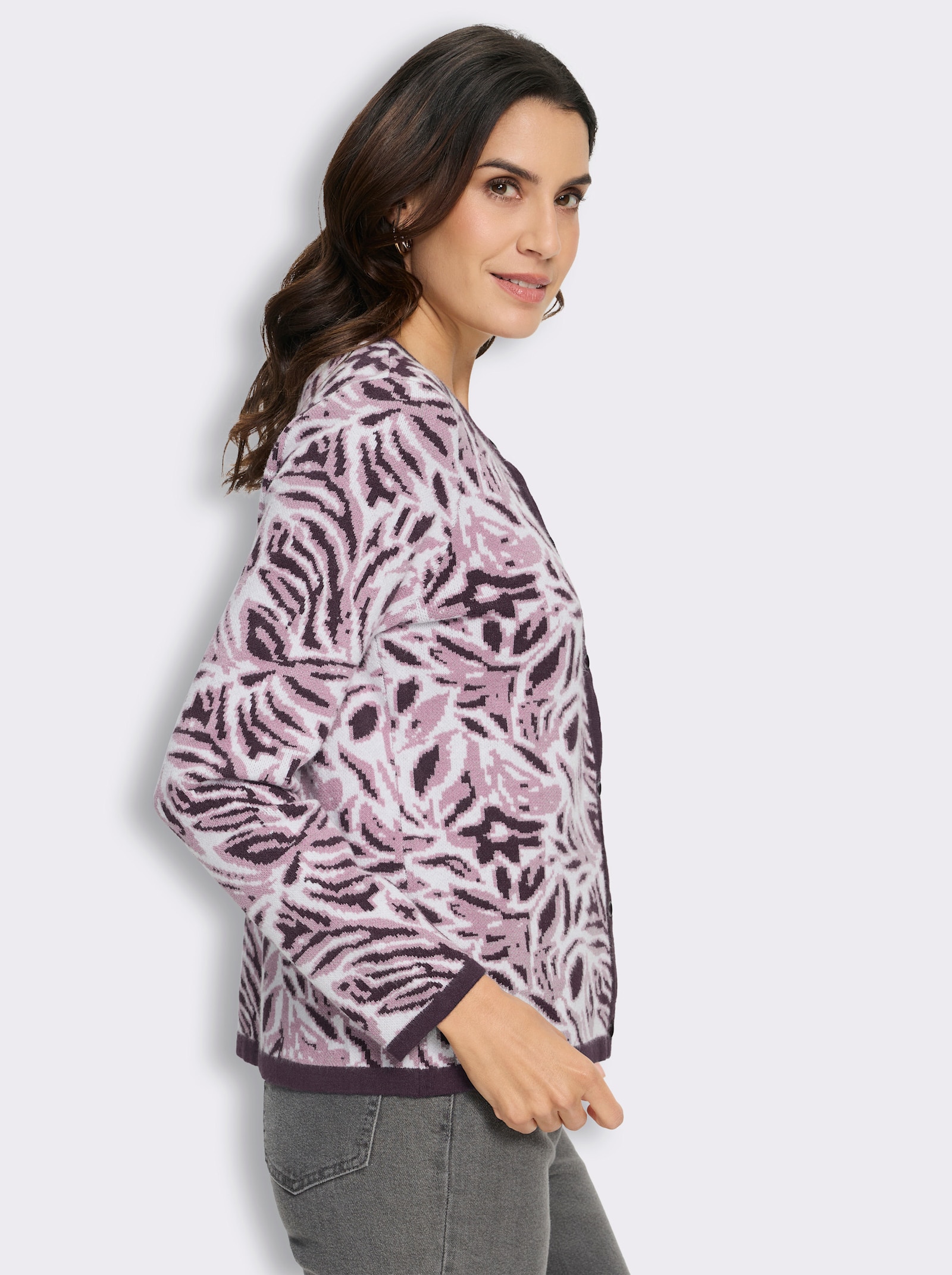 Jacquardstrickjacke mit floralem Allovermuster - aubergine-ecru-gemustert