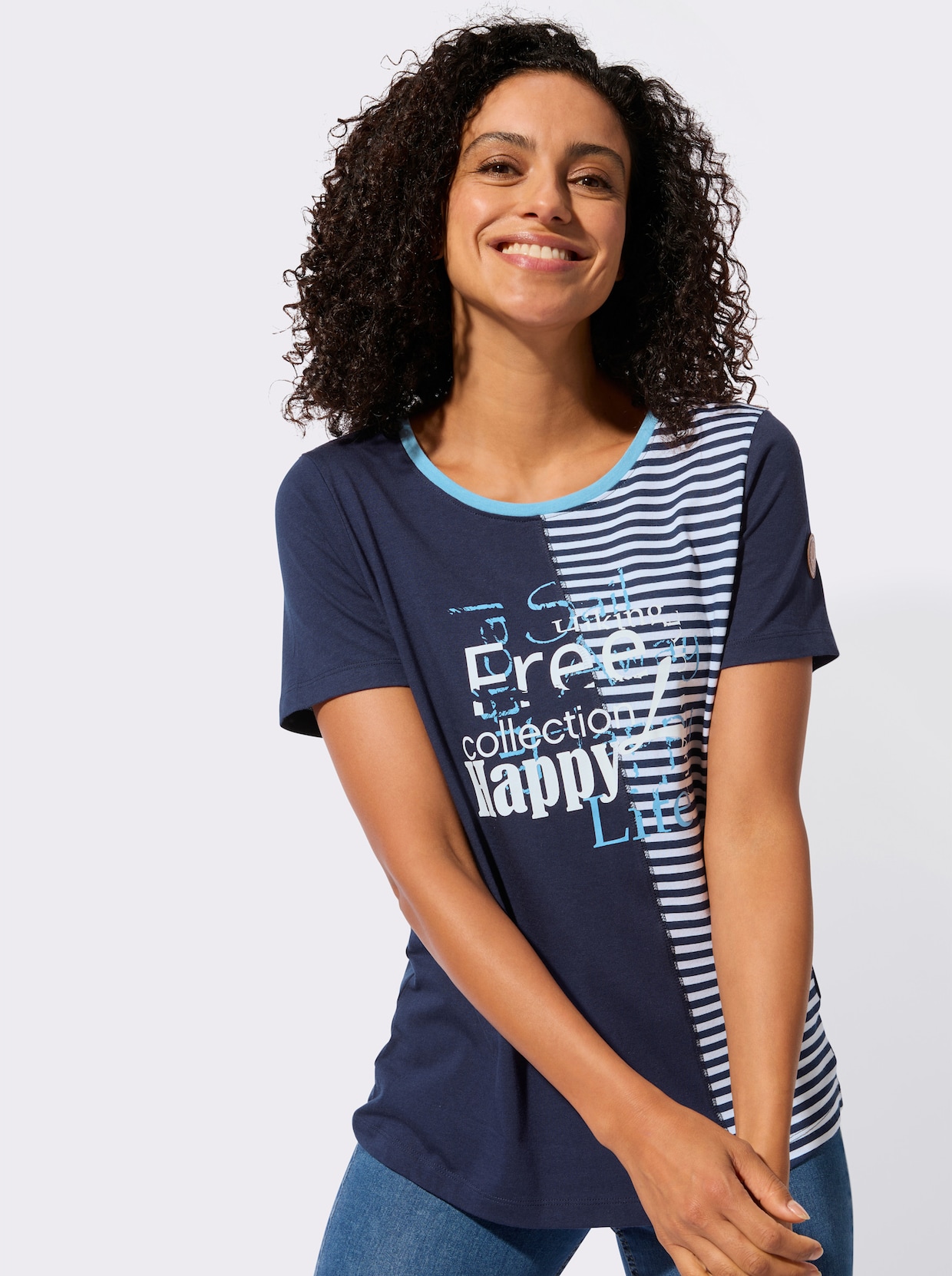 Rundhalsshirt - marine-himmelblau-bedruckt